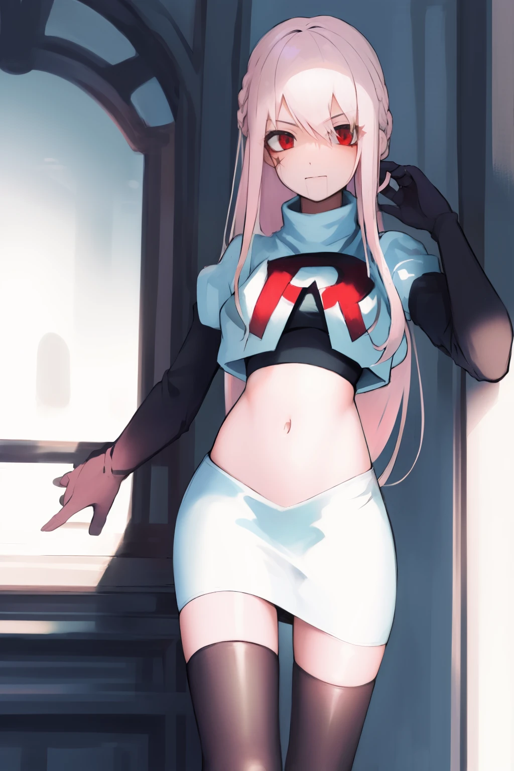 Masterpiece, Detailed, High quality, (absurdist), High Sharpness, High resolution, maiddoll, 1girls, Solo, light pink hair,team rocket,team rocket uniform, red letter R, white skirt,white crop top,black thigh-highs, black elbow gloves,