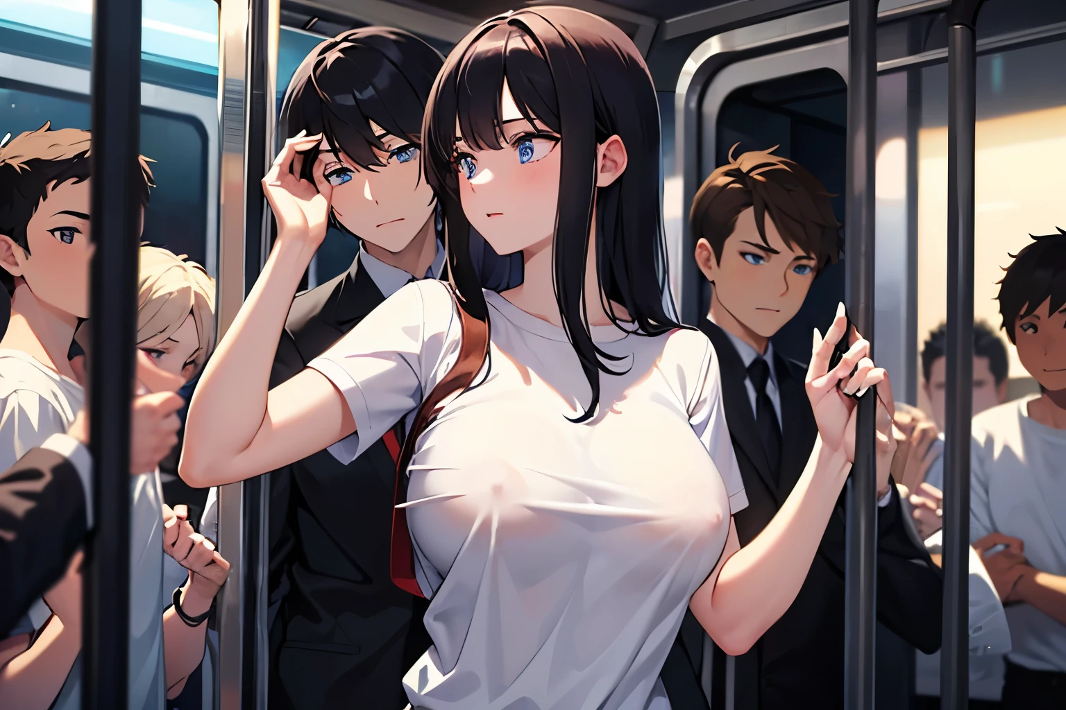 masterpiece、high resolution、high quality, NSFW, perfect anatomy, looking away, ((1 girl and 7 boys)), beautiful girl, perfect girl, beautiful face, big penis, black long hair with bangs, blue eyes, big eyes、dolly eyes, beautiful eyes, cleared eyes, slender、large breasts, erect nipples、,holding on to the railing of the train,armpits, (looking away:1.4), (train interior:1.3),(crowded train:1.3),
upper body,(white shirts:1.5),
,alternate breast size, breast grab, (a boy,grabbing from behind:1.5)