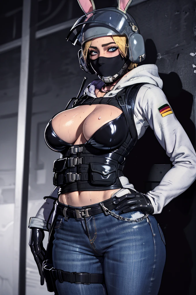 (masterpiece, best quality:1.2), iq (rainbow six siege), 1girl, solo, breasts, gloves, mask, helmet, pants, police, bulletproof vest, holster, police uniform, blue pants, vest, uniform, walkie-talkie, black gloves, denim, long sleeves, thigh holster, outdoors, blonde hair, blue eyes, short hair, standing on a balcony, overlooking a bustling city, arms crossed, confident(masterpiece, best quality:1.2), iq (rainbow six siege), 1girl,stripper pole,bunny ears,huge breast,abs,money,lights,black bunny suit,pantyhose,blush,latex catsuit, latex hood, latex tail, chains, choker, cuffs, ropes, harness, climax, torture, body writing, restrained, dungeon wall, dark room, dark atmosphere, sweat, pubic hair, skin pores, detailed skin, (realistic: 1.2), UHD, dramatic shadows, lighting global, high contrast (insanely detailed, beautiful detailed face, beautiful detailed eyes, masterpiece, best quality)