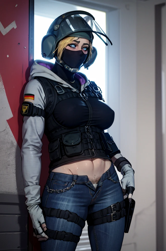 (masterpiece, best quality:1.2),  iq (rainbow six siege), 1girl, solo, breasts, gloves, mask, helmet, pants, police, bulletproof vest, holster, police uniform, blue pants, vest, uniform, walkie-talkie, black gloves, denim, long sleeves, thigh holster, outdoors, blonde hair, blue eyes, short hair, standing on a balcony, overlooking a bustling city, arms crossed, confident(masterpiece, best quality:1.2), iq (rainbow six siege), 1girl,stripper pole,bunny ears,huge breast,abs,money,lights,black bunny suit,pantyhose,blush,latex catsuit, latex hood, latex tail, chains, choker, cuffs, ropes, harness, climax, torture, body writing, restrained, dungeon wall, dark room, dark atmosphere, sweat, pubic hair, skin pores, detailed skin, (realistic: 1.2), UHD, dramatic shadows, lighting global, high contrast (insanely detailed, beautiful detailed face, beautiful detailed eyes, masterpiece, best quality)