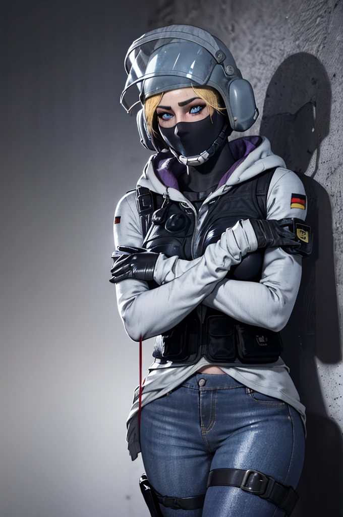 (masterpiece, best quality:1.2),  iq (rainbow six siege), 1girl, solo, breasts, gloves, mask, helmet, pants, police, bulletproof vest, holster, police uniform, blue pants, vest, uniform, walkie-talkie, black gloves, denim, long sleeves, thigh holster, outdoors, blonde hair, blue eyes, short hair, standing on a balcony, overlooking a bustling city, arms crossed, confident(masterpiece, best quality:1.2), iq (rainbow six siege), 1girl,stripper pole,bunny ears,huge breast,abs,money,lights,black bunny suit,pantyhose,blush,latex catsuit, latex hood, latex tail, chains, choker, cuffs, ropes, harness, climax, torture, body writing, restrained, dungeon wall, dark room, dark atmosphere, sweat, pubic hair, skin pores, detailed skin, (realistic: 1.2), UHD, dramatic shadows, lighting global, high contrast (insanely detailed, beautiful detailed face, beautiful detailed eyes, masterpiece, best quality)