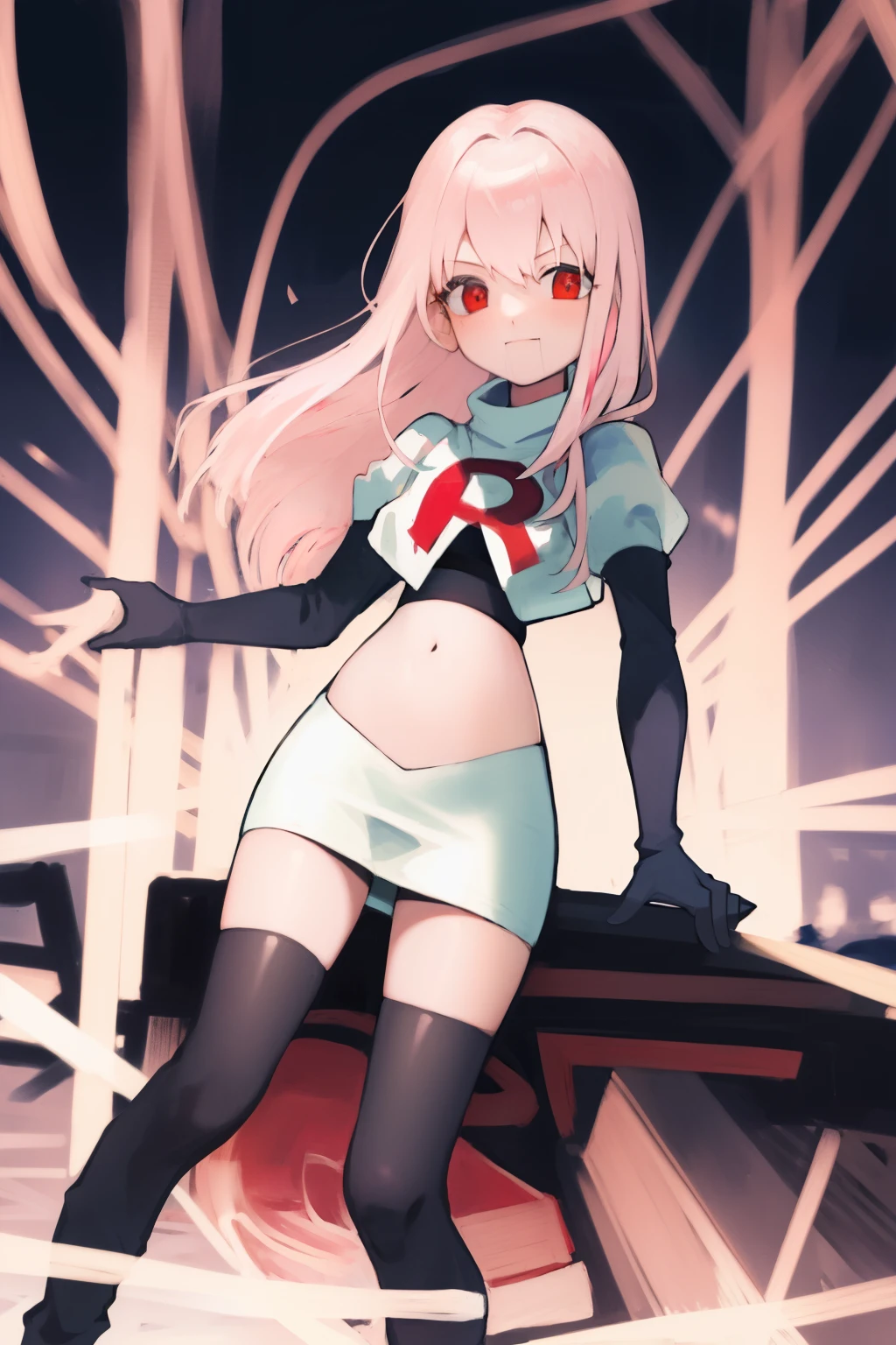 Masterpiece, Detailed, High quality, (absurdist), High Sharpness, High resolution, maiddoll, 1girls, Solo, light pink hair,team rocket,team rocket uniform, red letter R, white skirt,white crop top,black thigh-highs, black elbow gloves,