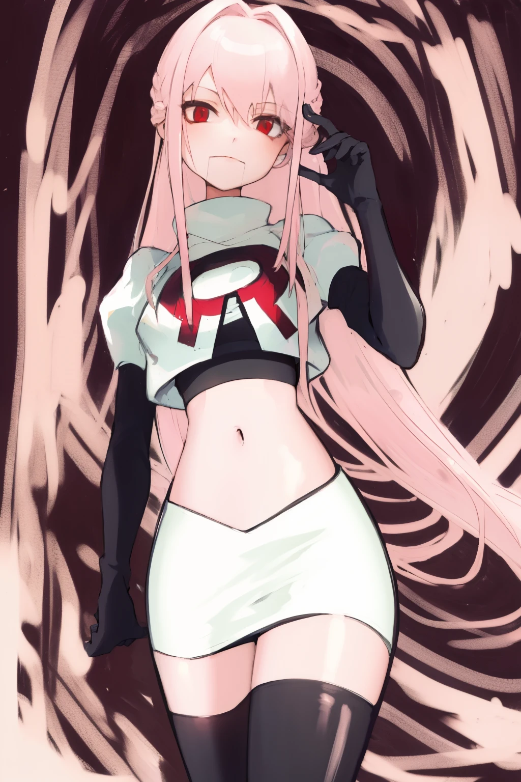 Masterpiece, Detailed, High quality, (absurdist), High Sharpness, High resolution, maiddoll, 1girls, Solo, light pink hair,team rocket,team rocket uniform, red letter R, white skirt,white crop top,black thigh-highs, black elbow gloves,