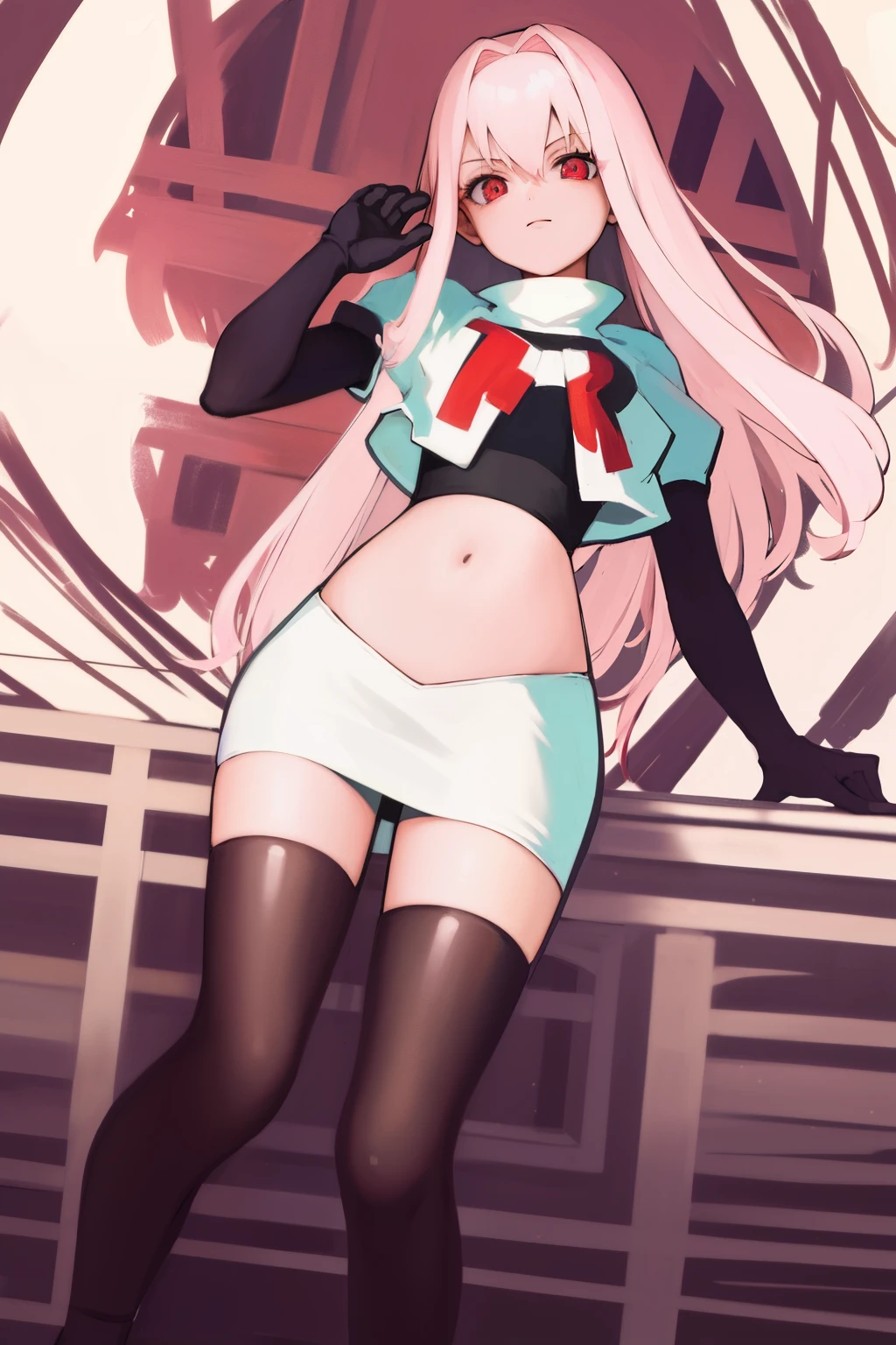 Masterpiece, Detailed, High quality, (absurdist), High Sharpness, High resolution, maiddoll, 1girls, Solo, light pink hair,team rocket,team rocket uniform, red letter R, white skirt,white crop top,black thigh-highs, black elbow gloves,
