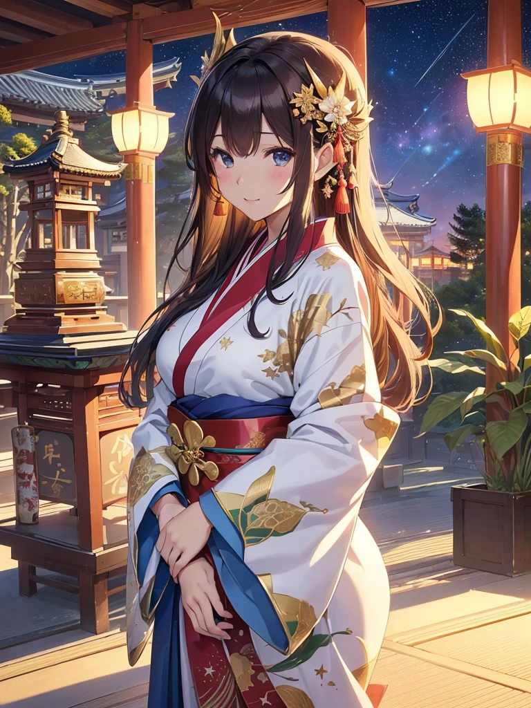 highest quality、Highest image quality、Dagashi Teru Piece、Super beautiful Japanese beauty((24-years-old、japanese kimono、japanese shrine maiden costume、vest bust、big bust、bust 90,beautiful blue long ironed hair、brown hair、、slender、Close-up、Esbian、Beautiful Japan hair、Mother-of-pearl hairpin、High quality、beautiful art、background((starry ski)))but、but、great work、visual art、Depth of bounds written、low angle night sky、、elf ears、、magic of light、space knight、harp melody🎵、A happy smile、gentle light、、Beautiful legs that are gentle on the skin、、、Number of fingers to achieve precise finger movements、ティッカーBeautiful decoration、elegant、mystical　　field under the flower garden、marble columns, beautiful dressy、Snowy landscape in winter、、temple of time、、Beautiful decoration,Japan Kimono 1.3,byzantine art、Renaissance painting、Raphael&#39;s painting、Japanese art、Dragon pattern、Dragon Decoration、Dragon Decoration、Linpai、Painting by Sotatsu Tawaraya、screen、gold foil、Shenlong、New Year、Happy New Year⛩、sunrise、morning moment、shrine、Miyajima、厳島shrine、海の初sunrise