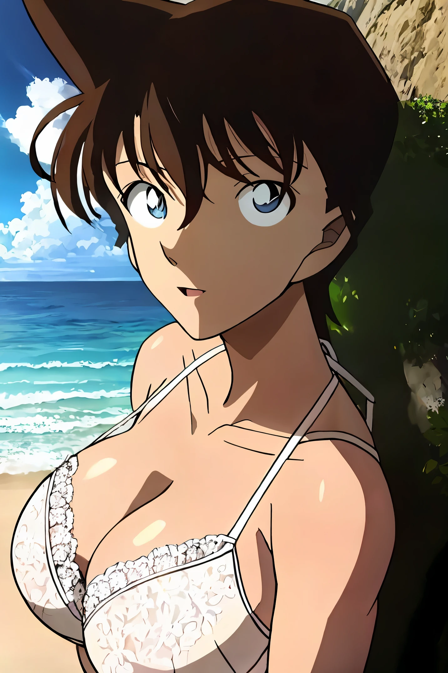 (Illustration:0.8), extra detailed face, Perfect Lighting, extremely details CG, (Perfect hands, Perfect Anatomy),high resolution,perfect anatomy,cinematic lighting,anime keyvisual,super detailed skin,super detailed eyes,white skin ,highest quality, masterpiece,  Ran, 1 girl,length_hair, looking for_in_viewer, green_eye, Brown_hair, belly button, cleavage, clavicle, outdoor, null, Day, winer,  Ocean, beach,white lace panties,white lace bra,