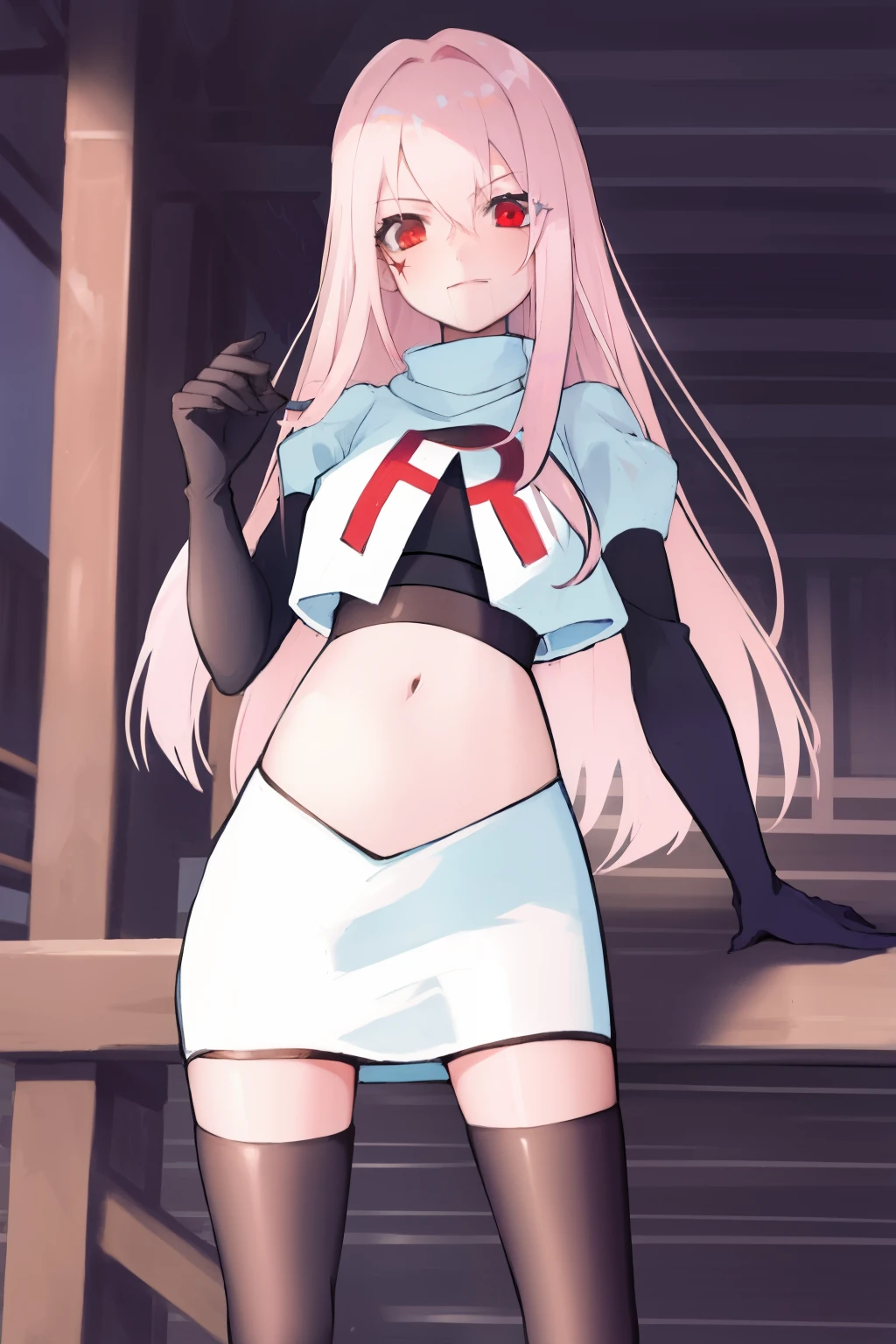 Masterpiece, Detailed, High quality, (absurdist), High Sharpness, High resolution, maiddoll, 1girls, Solo, light pink hair,team rocket,team rocket uniform, red letter R, white skirt,white crop top,black thigh-highs, black elbow gloves,