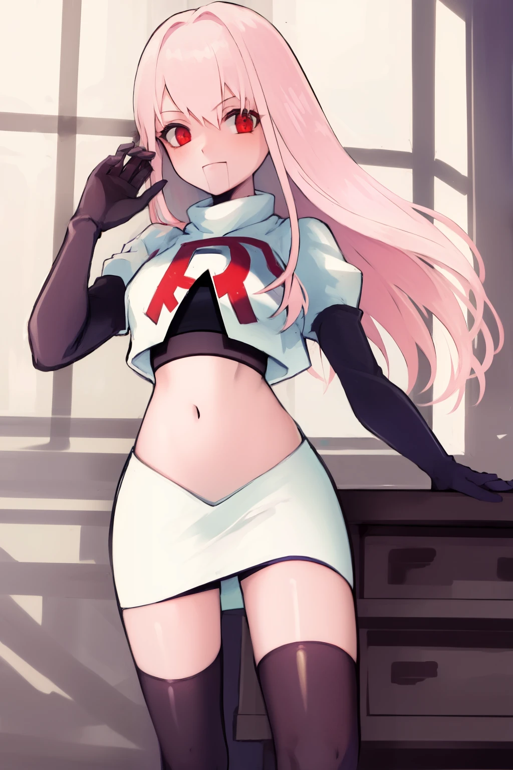 Masterpiece, Detailed, High quality, (absurdist), High Sharpness, High resolution, maiddoll, 1girls, Solo, light pink hair,team rocket,team rocket uniform, red letter R, white skirt,white crop top,black thigh-highs, black elbow gloves,
