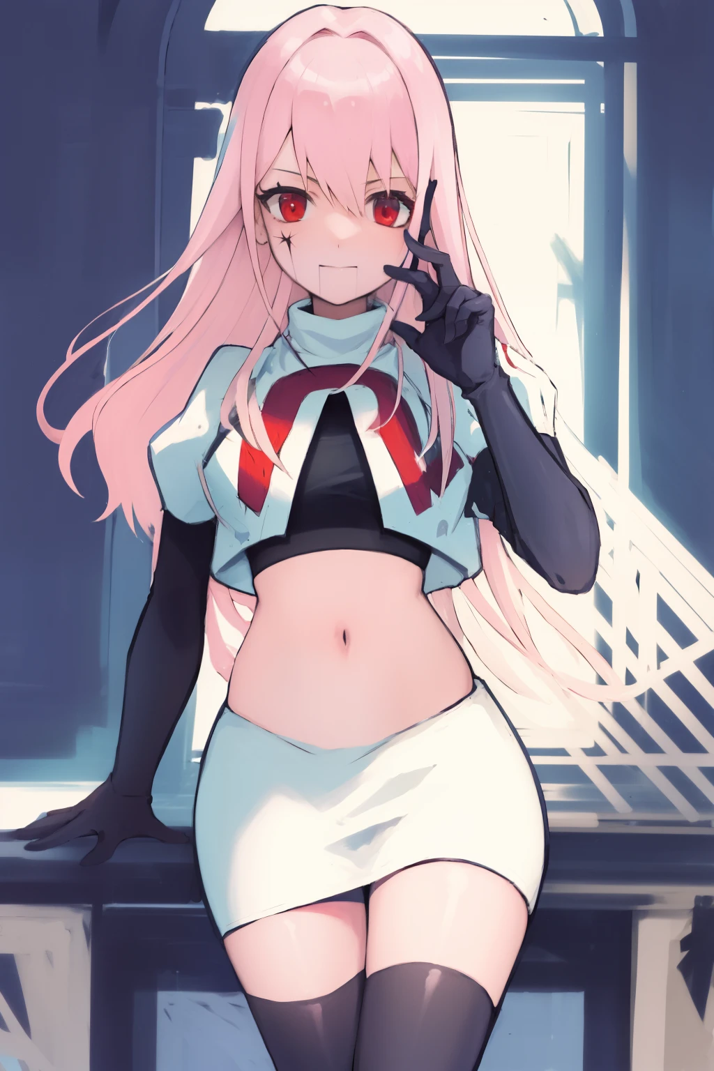 Masterpiece, Detailed, High quality, (absurdist), High Sharpness, High resolution, maiddoll, 1girls, Solo, light pink hair,team rocket,team rocket uniform, red letter R, white skirt,white crop top,black thigh-highs, black elbow gloves,