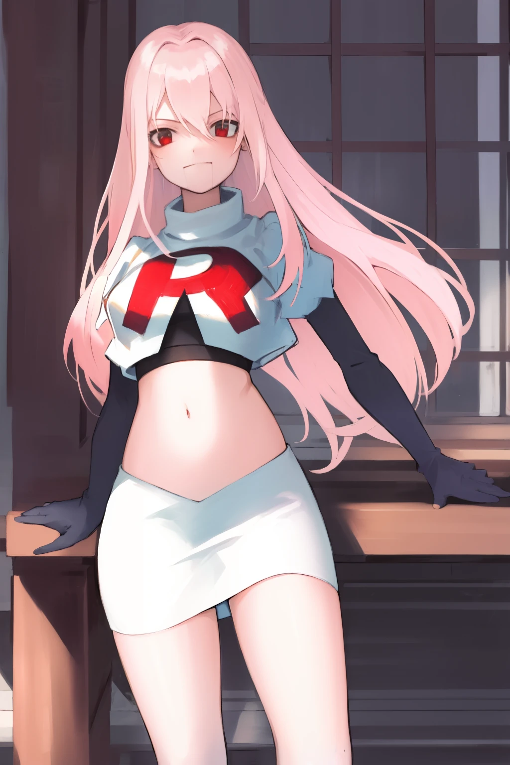 Masterpiece, Detailed, High quality, (absurdist), High Sharpness, High resolution, maiddoll, 1girls, Solo, light pink hair,team rocket,team rocket uniform, red letter R, white skirt,white crop top,black thigh-highs, black elbow gloves,