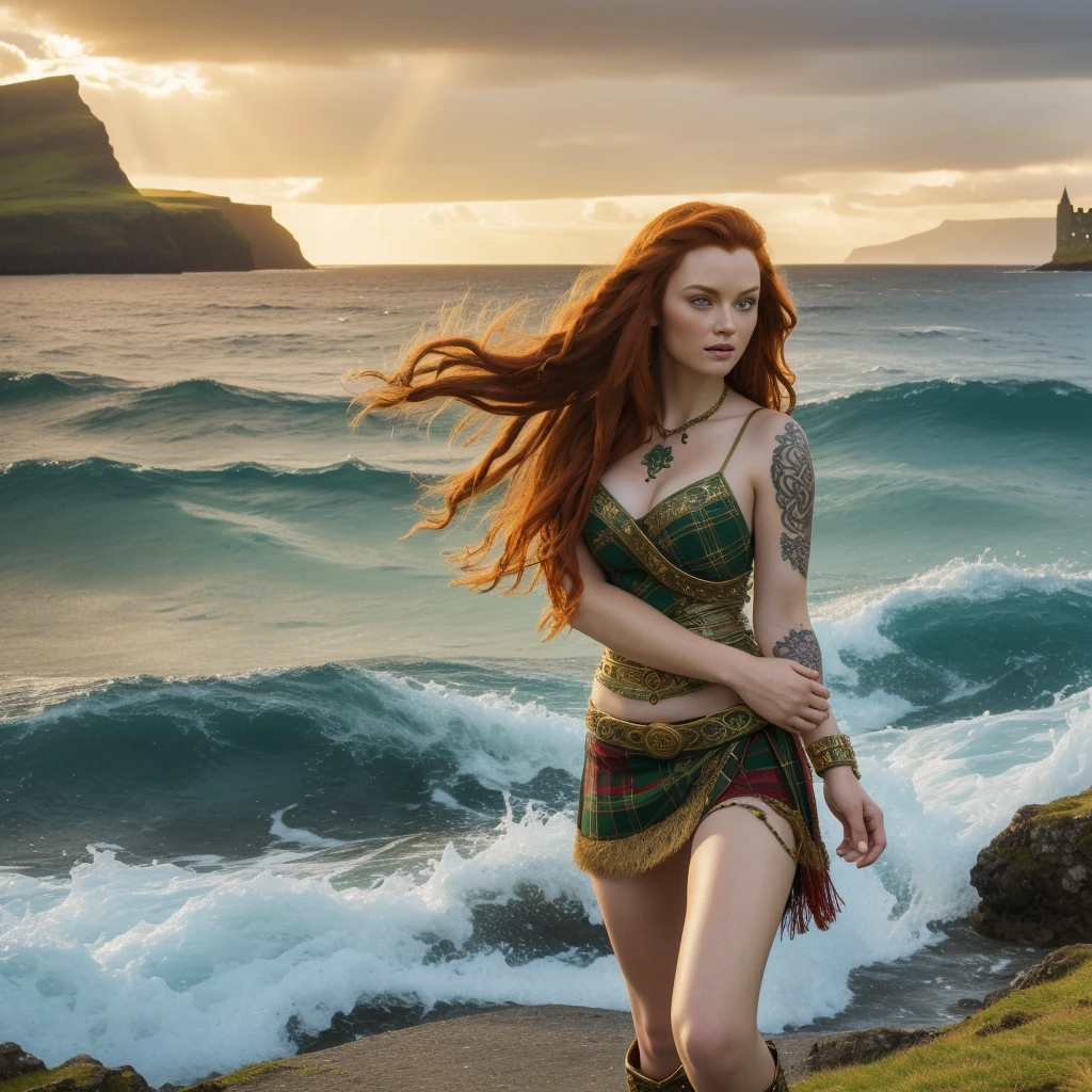 32k, luminous very detailed, lifelike green eyes, intricate patterns, ultra realistic details, beautiful ancient scottish celtic female warrior, elaborate long red hair, gold and jeweled ornaments in hair, floating, windy, messy hair, celtic & tartan pattern dress, tribal tattoos on arms, legs, very detailed, difficult, masterpiece, high quality, detailed cores, isle of skye, ancient scottish castle, lush greenery, shafts of light from sky, breathtaking beauty, pure perfection, divine cinematographic, full body shot, rough seas, large ocean waves, mythical,