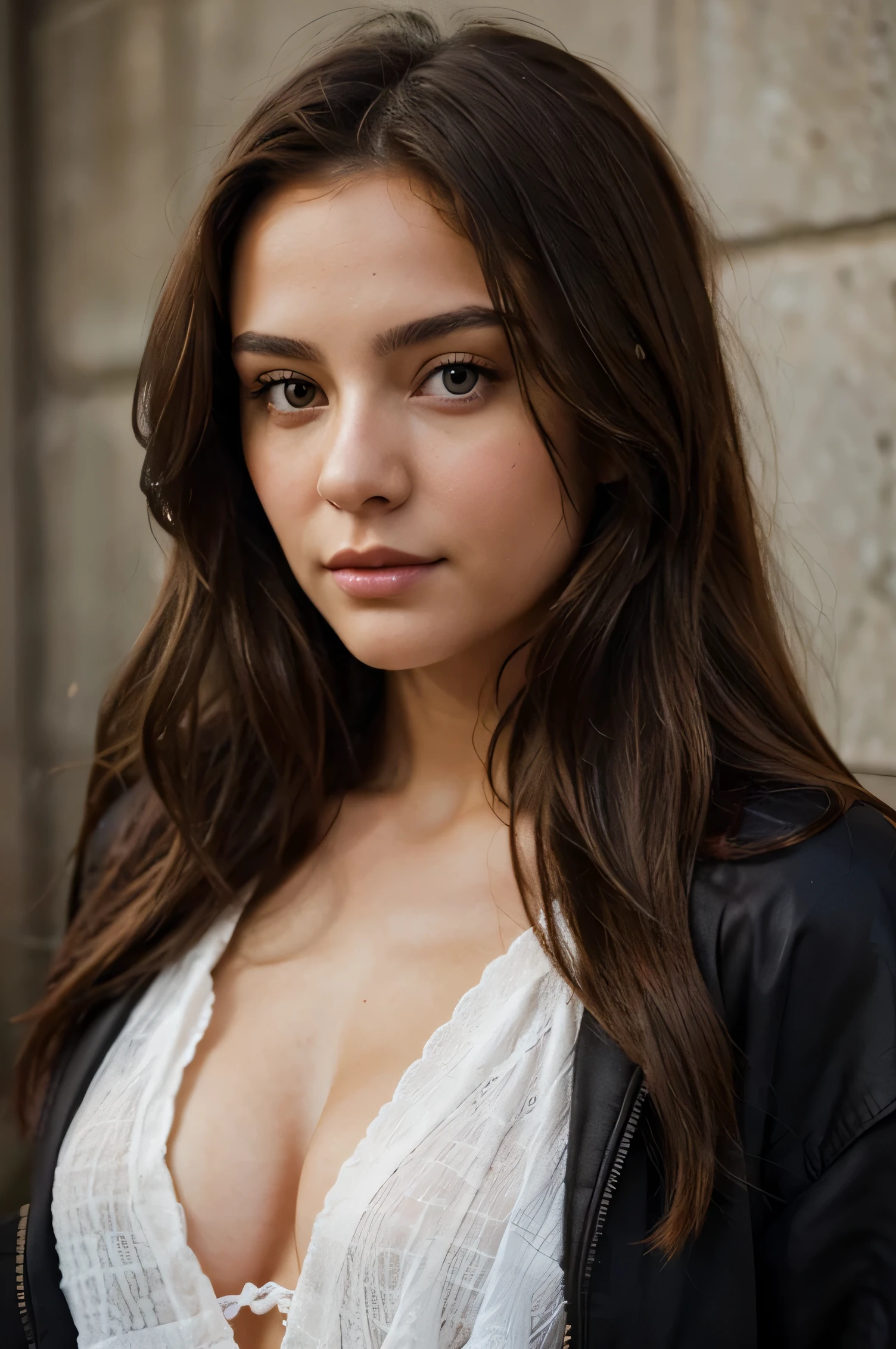 realistic headshot of a young brunette women with layered long hair and hazel eyes using a jacket
