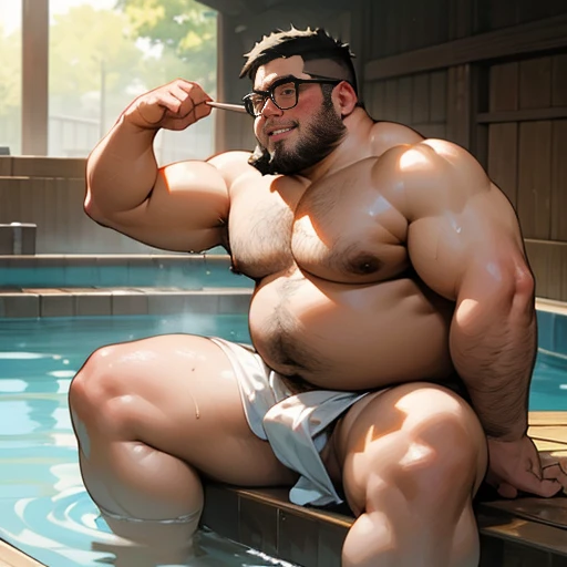 completely nude, Kids Dick,masterpiece,highest quality, In 8K, A fat man immersing himself in a large hot spring, naked, spread your legs, stretch and relax, Otaku-like, short legs, bowl leg, (obesity: 1.0), Blushing and relaxed fat man, looks sleepy, nakedのお腹, naked足, 下半身naked, Glasses, thin hair, big face man, round face, wet body, vapor, alone