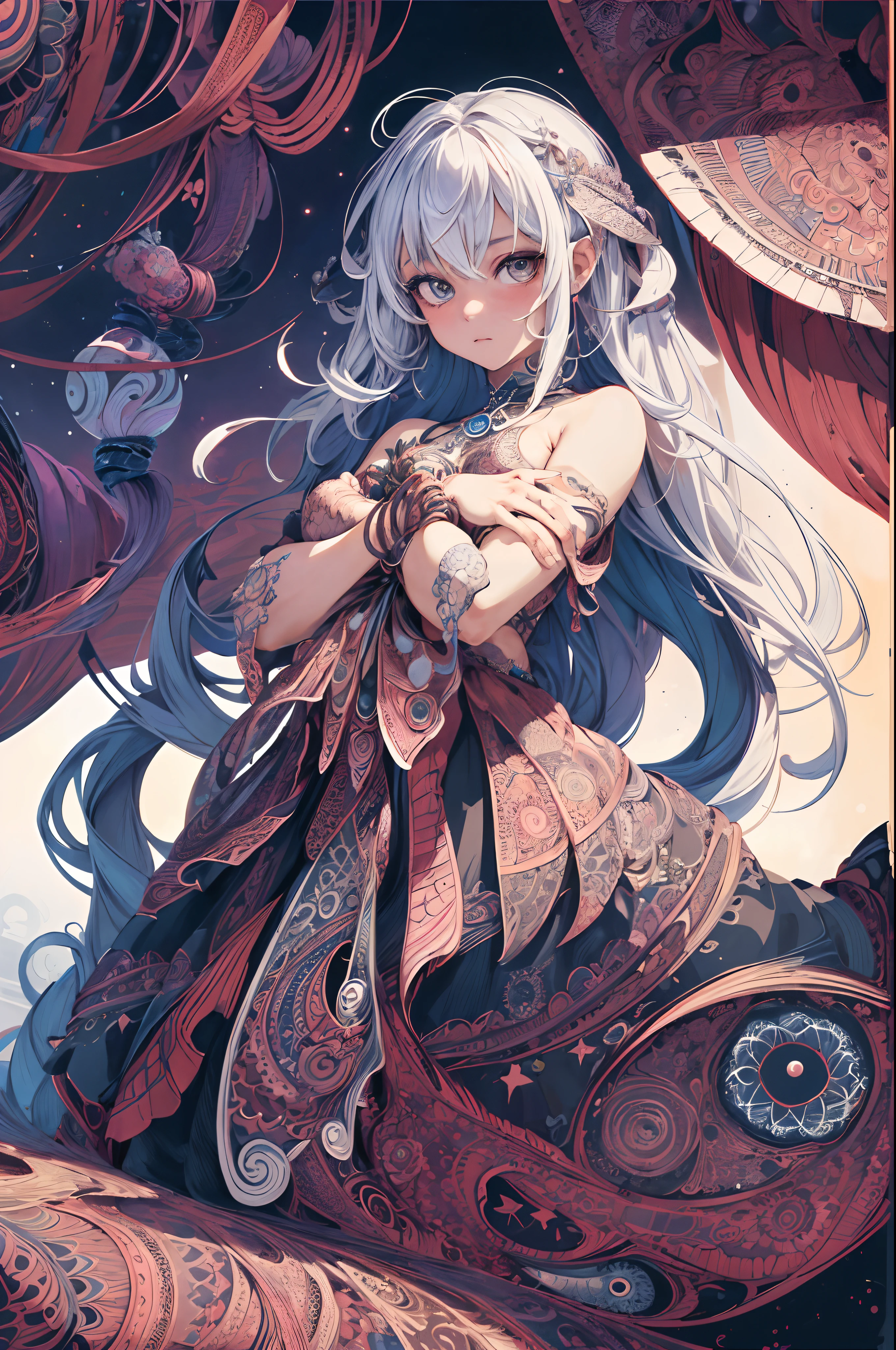 1 girl, official art, Unity8k wallpaper, Super detailed, Beautiful and aesthetic, masterpiece, best quality, (zendispute, mandala, dispute, endispute), dynamic angle, cowboy shooting, The most beautiful form of chaos, elegant, brutalist design, bright colors