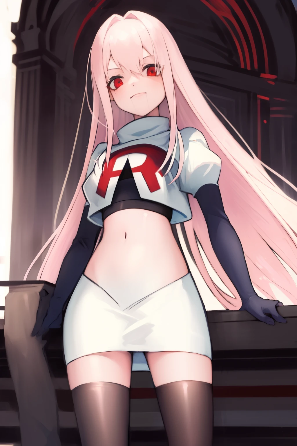 Masterpiece, Detailed, High quality, (absurdist), High Sharpness, High resolution, maiddoll, 1girls, Solo, light pink hair,team rocket,team rocket uniform, red letter R, white skirt,white crop top,black thigh-highs, black elbow gloves,