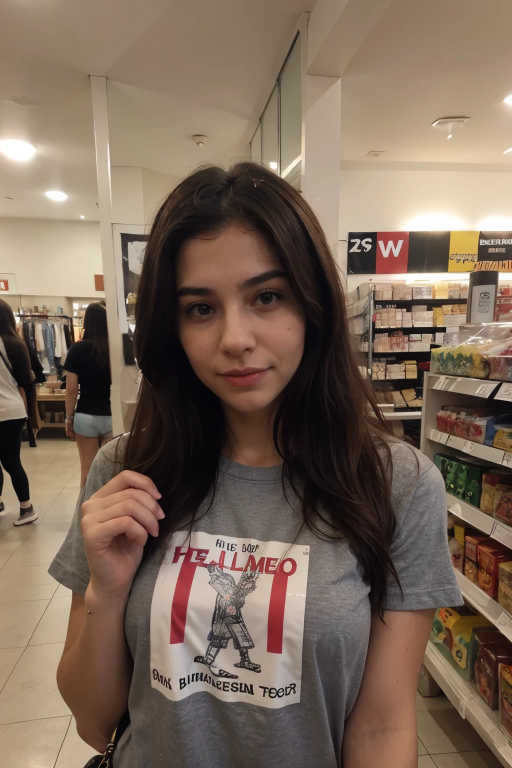 close up of a stunning young woman working at a convenience store, wearing a white button up shirt with black placket, shelving in the background, upper body, RAW, HD, 8K, close up, highly detailed face, cute