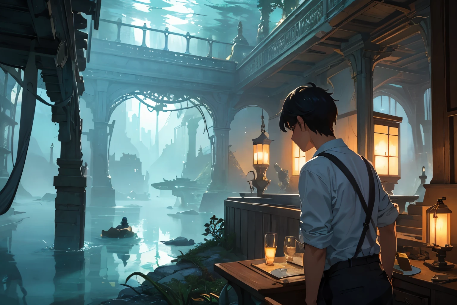 Create exquisite illustrations reminiscent of Makoto Shinkai's style, It has ultra-fine details and top-notch quality. Generate a high-quality illustration of a boy or girl discovering a sunken ship in a fantastical underwater setting. Craft a masterpiece with meticulous attention to detail, capturing the overall nostalgic and fantastical ambiance of the scene. Enhance the sense of nostalgia and fantasy as the young character explores the intricate details of the submerged wreckage. Aim for the best possible quality, delivering a visually enchanting and emotionally resonant composition. best quality, masterpiece