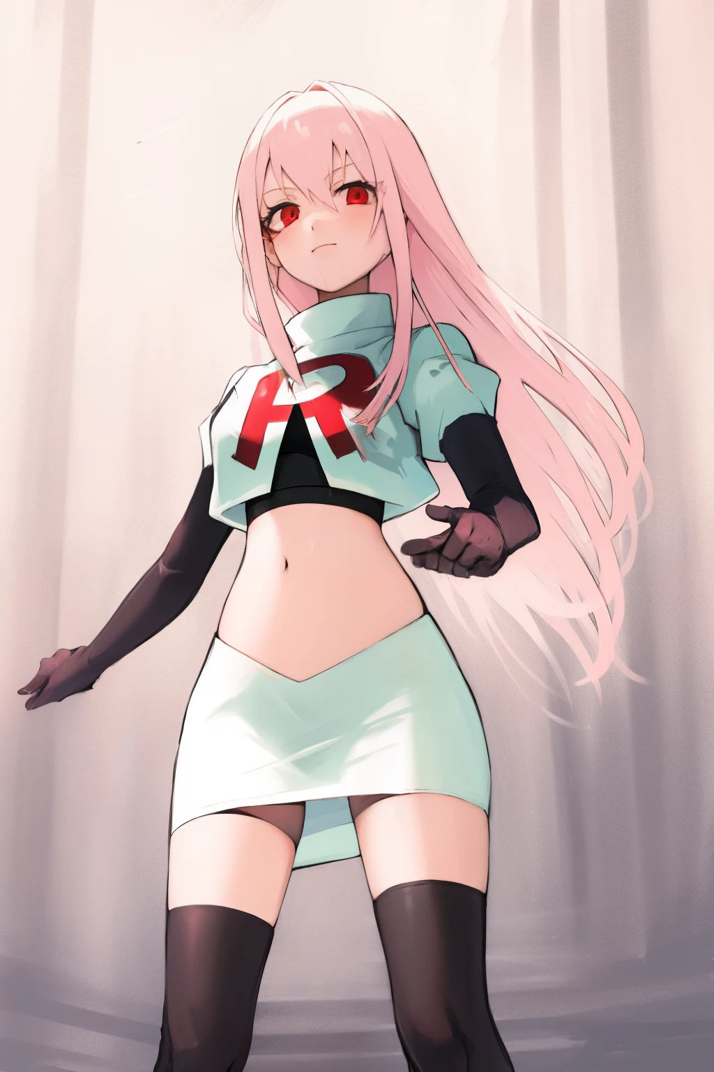 Masterpiece, Detailed, High quality, (absurdist), High Sharpness, High resolution, maiddoll, 1girls, Solo, light pink hair,team rocket,team rocket uniform, red letter R, white skirt,white crop top,black thigh-highs, black elbow gloves,