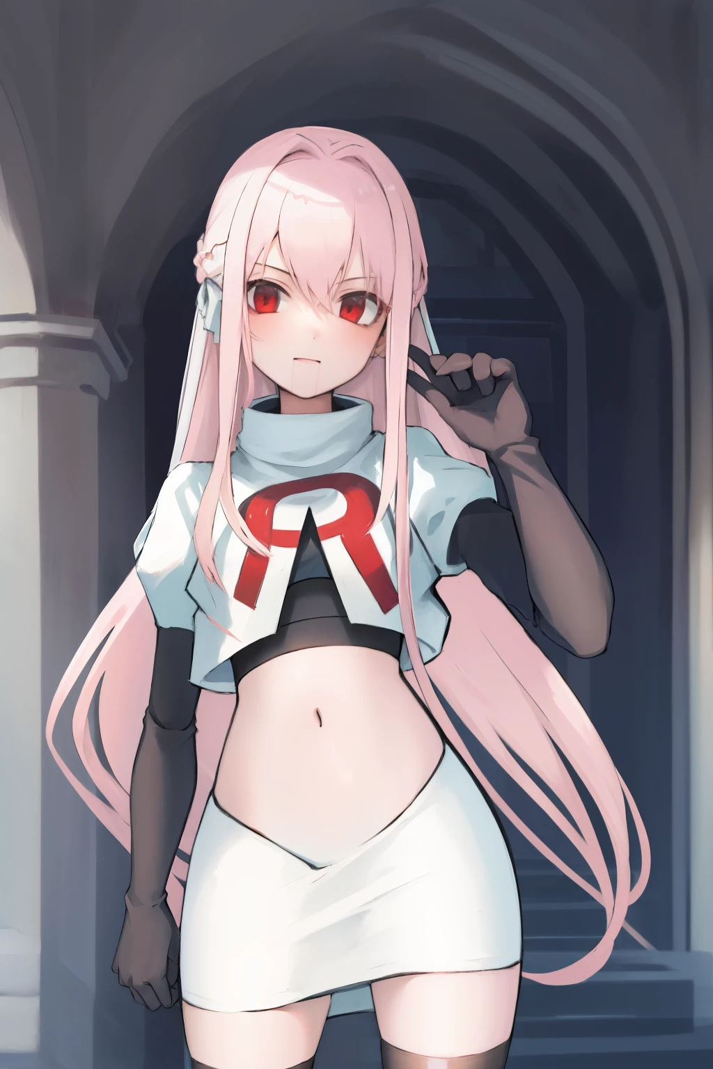 Masterpiece, Detailed, High quality, (absurdist), High Sharpness, High resolution, maiddoll, 1girls, Solo, light pink hair,team rocket,team rocket uniform, red letter R, white skirt,white crop top,black thigh-highs, black elbow gloves,