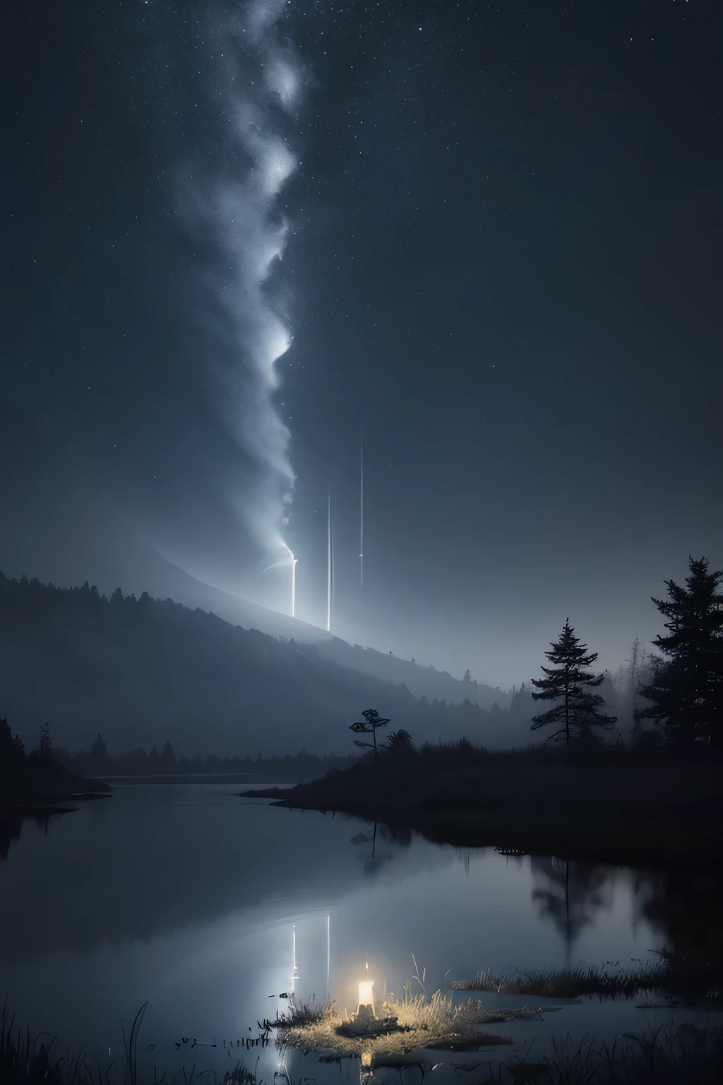 a peaceful, tranquil, serene pond in the wilderness at night, bathed in pale silver moonlight. (best quality,highres:1.2),ultra-detailed,realistic,(portraits:0.9),(moonlight:0.9),(mysterious,haunting:0.9),(dark and moody:0.9),(ethereal:1.1),(supernatural:1.1),(noir:0.9),(mystical:1.1),(atmospheric:1.1),(subtle:1.1),(dream-like:1.1),(enchanted:1.1),(spectral:1.1),(faintly visible) night sky bathed in moonlight,shimmering moonbeams,silent tranquility,secrets whispered in darkness,enchanted ambiance.