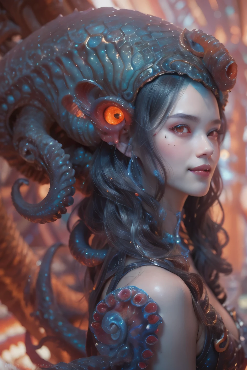 scary and sexy detailed art in color, Portrait, (beautiful and obscene female alien:1.4), (vulgarity1.7), (she has red eyes with no pupils:1.8), (Translucent white skin:1.7), (There is a female genital-like organ in the middle of the forehead:1.9), (The most beautiful face in the history of the universe:1.2),an evil gaze that seduces, (large mouth:1.1), (sharp teeth like a vampire:1.2), Full body portrait, (bio luminescent:1.5), (Smile wickedly:1.3), (sexypose:1.5), alien, No humans, cells are fused, (Lots of translucent tentacles:1.3) extraterrestrial, cell, bio image, best quality, 8K, In 4K_quality, High freshness, Dramatic Lighting, masutepiece:1.5,cinematic quality, detail up, (exquisite details:1.2), high resolution, High freshness, drawing faithfully, (Thick eyebrows:1.2), Beautiful eyes with fine symmetry,(Highly detailed face and eyes:1.2), Intimate face, (Super detailed skin quality feeling:1.4), perfect anatomy, (Beautiful toned body:1.5), (Moist skin:1.2), not wearing makeup, (dark circles:1.1), long canines, cinematic drawing of characters, ultra high quality model, cinematic quality, detail up, (exquisite details:1.2), high resolution, High freshness, drawing faithfully, official art, Unity 8K Wall paper, best quality, Very high resolution, ultra detailed artistic photography, midnight aura, unreal engine 5, Ultra Sharp Focus, art by Amano Yoshitaka, ArtGerm, Roisch, intricate artwork, best quality, masterpiece, ultra high resolution, (photos realistic:1.4), ultra realistic realism, dream-like, nautilus, Creation of fantasy, Snail, Dream Snail, (biopunk nautilus:1.3),Thrilling color schemes, ultra realistic realism, seductively smiling, Blue tentacles, Amazing mutation, well-proportioned body, goddess of the deep sea