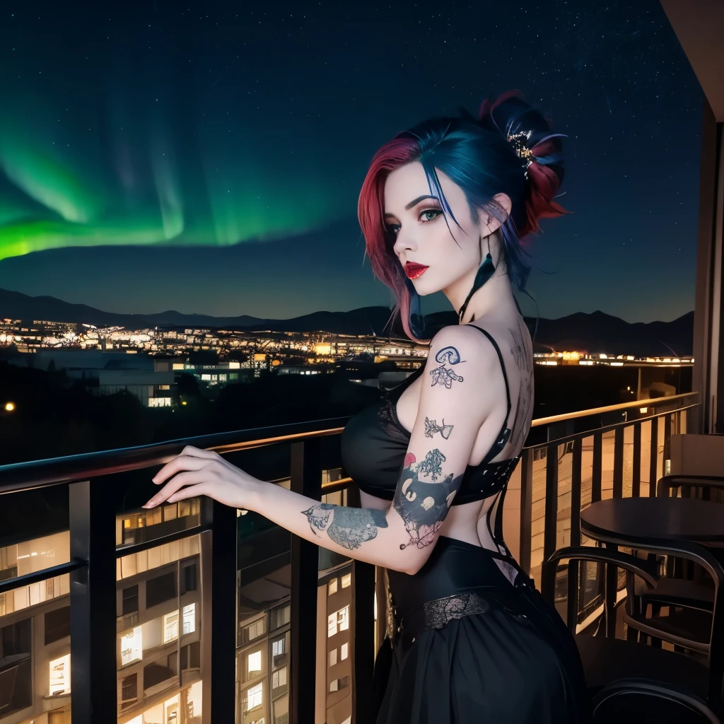 goth, excited, pale skin, smoky eyes, vivid colors, wild hairstyle, red and blue hair, green lips, hotel balcony at night, leaning over balcony, leaning, body view, huge breasts, womb tattoo, heart tattoo, starry sky, aurora borealis, torn