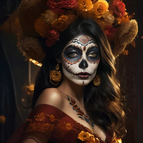 Alto detalle, mejor calidad, high resolution, ultra realista, obra maestra, mujer, catrina, cara pintada de calavera, flores en el pelo, traje estilo mexicano color rojo, sobrero de charro, vestido sexi, piel blanca pintada mexicana, pechos grandes, escote sexi, Furnished room, Foto tomada de frente de la cintura hacia arriba