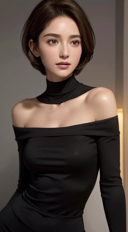 Skin Tight Black Top:1.2, looking at the viewer, cinematic lighting, perfection, soft light, high resolution skins:1.2, realistic skin texture, 30 years old mature woman、small face、No makeup、, off shoulder,Bust B Cup、Small valley, brown eyes, short hair, Bright golden hair、full nude、gray background、