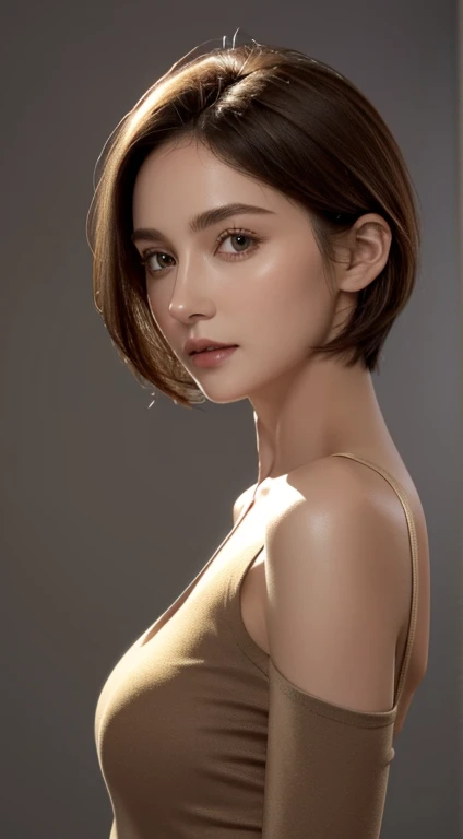 Skin Tight Black Top:1.2, looking at the viewer, cinematic lighting, perfection, soft light, high resolution skins:1.2, realistic skin texture, 30 years old mature woman、small face、No makeup、, off shoulder,Bust B Cup、Small valley, brown eyes, short hair, Bright golden hair、full nude、gray background、