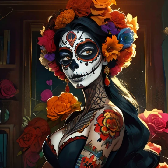 Alto detalle, mejor calidad, high resolution, ultra realista, obra maestra, mujer, catrina, movie style the book of the life of Guillermo del toro, cara pintada de calavera, flores en el pelo, traje estilo mexicano color rojo, sobrero de charro, vestido sexi, piel blanca pintada mexicana, pechos grandes, good size breasts, pechos ajustados, escote sexi, Furnished room, Foto tomada de frente de la cintura hacia arriba