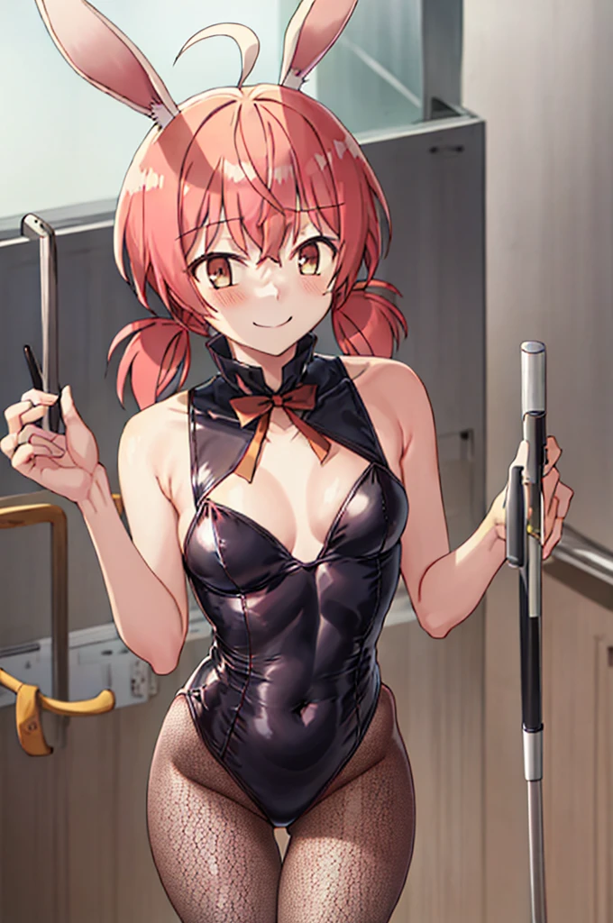 ソB、1girl,{Koito_excellent_Ekimininaru in yag:1.15 },,twin tails, Short_twin tail, Low_twin tail, Ahoge, Bedroom、perfect face、B, look up、small breasts、Bedroom、BREAK while watching the audience、{{The appearance of the bunny girl、Fishnet tights、rabbit ears、black leotard、The chest is exposed}}、{{Exposed skin}}、blush、smile