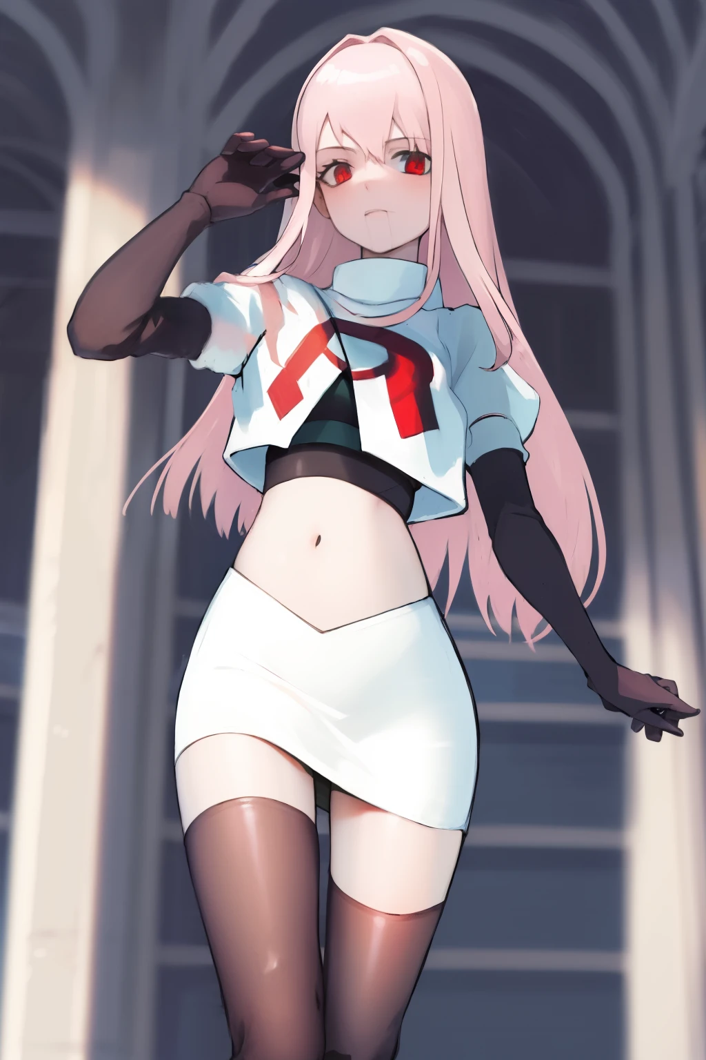 Masterpiece, Detailed, High quality, (absurdist), High Sharpness, High resolution, maiddoll, 1girls, Solo, light pink hair,team rocket,team rocket uniform, red letter R, white skirt,white crop top,black thigh-highs, black elbow gloves,