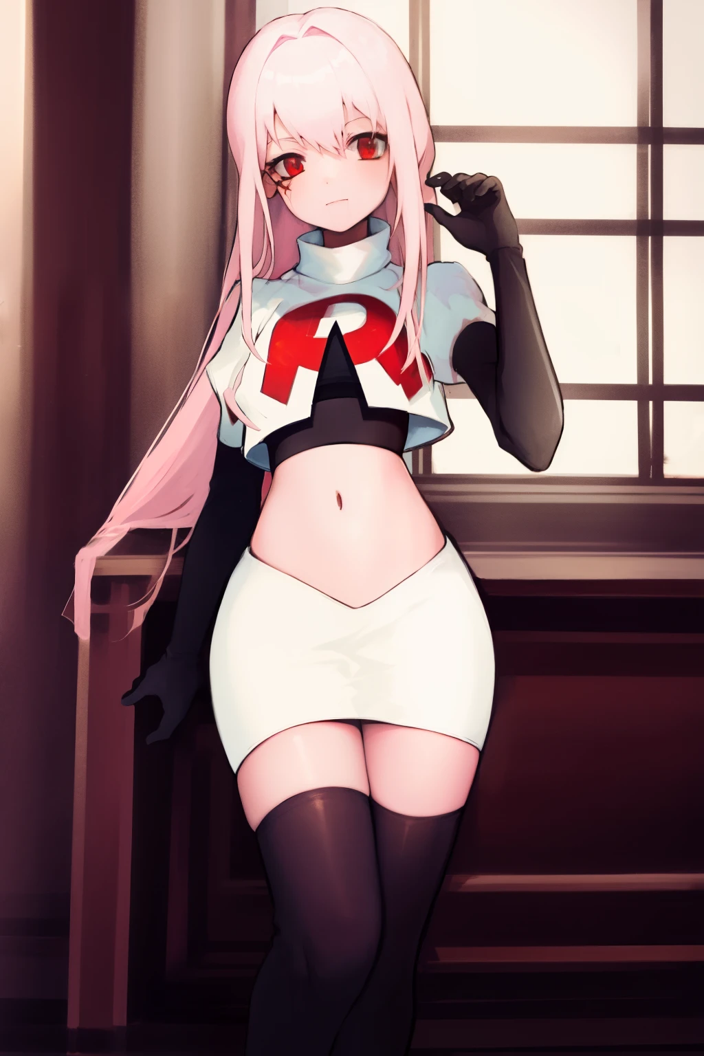 Masterpiece, Detailed, High quality, (absurdist), High Sharpness, High resolution, maiddoll, 1girls, Solo, light pink hair,team rocket,team rocket uniform, red letter R, white skirt,white crop top,black thigh-highs, black elbow gloves,