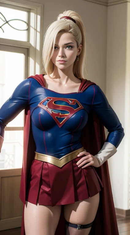 Yamanaka Ino, Superhero Supergirl, terno Supergirl, capa vermelha, S do super-homem, saia azul, botas vermelhas, Bela, foto de corpo inteiro, pose de modelo sexy, obra prima, extremamente detalhado, melhor qualidade, Athletic body, best ilumination, melhor sombra, rosto perfeito, blue eyes, seios enormes, cabelo loiro claro com a franja cobrindo um olho e um rabo de cavalo