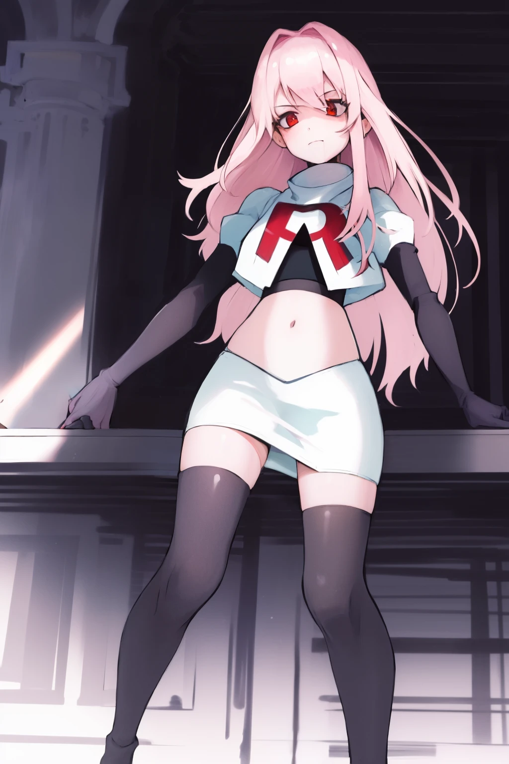 Masterpiece, Detailed, High quality, (absurdist), High Sharpness, High resolution, maiddoll, 1girls, Solo, light pink hair,team rocket,team rocket uniform, red letter R, white skirt,white crop top,black thigh-highs, black elbow gloves,