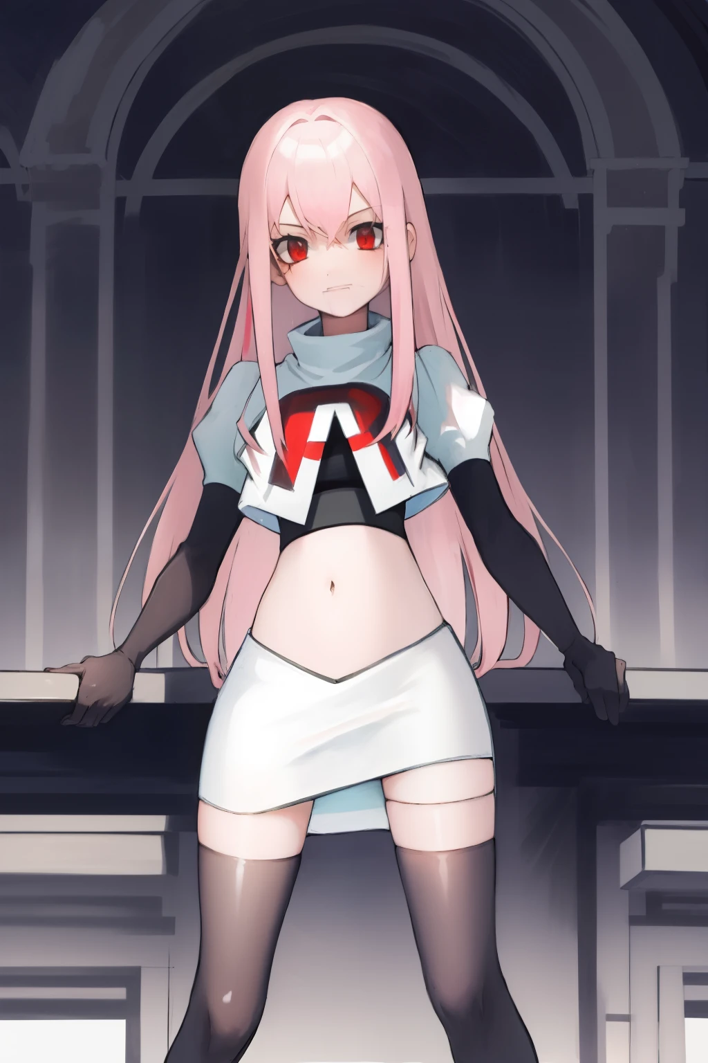 Masterpiece, Detailed, High quality, (absurdist), High Sharpness, High resolution, maiddoll, 1girls, Solo, light pink hair,team rocket,team rocket uniform, red letter R, white skirt,white crop top,black thigh-highs, black elbow gloves,