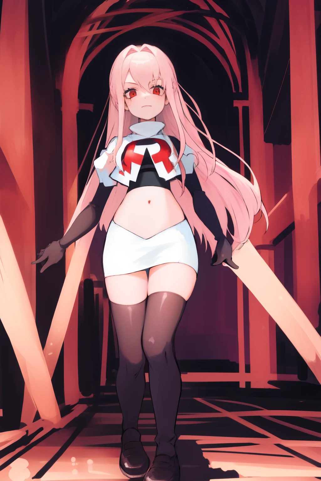 Masterpiece, Detailed, High quality, (absurdist), High Sharpness, High resolution, maiddoll, 1girls, Solo, light pink hair,team rocket,team rocket uniform, red letter R, white skirt,white crop top,black thigh-highs, black elbow gloves,