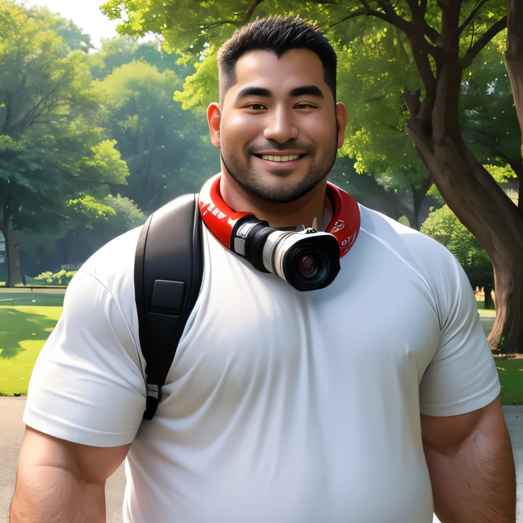 (highest quality:1.5), (masterpiece:1.5), large park, (Japanese:1.1), macho, huge body, hairy, (fat:1.2), 40 years old, smile, white t-shirt, Are standing, (He carries a single-lens reflex camera around his neck.:1.2)