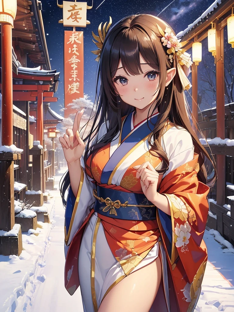 highest quality、Highest image quality、Dagashi Teru Piece、Super beautiful Japanese beauty((24-years-old、japanese kimono、japanese shrine maiden costume、vest bust、big bust、bust 90,beautiful blue long ironed hair、brown hair、、slender、Close-up、Esbian、Beautiful Japan hair、Mother-of-pearl hairpin、High quality、beautiful art、background((starry ski)))but、but、great work、visual art、Depth of bounds written、low angle night sky、、elf ears、、magic of light、space knight、harp melody🎵、A happy smile、gentle light、、Beautiful legs that are gentle on the skin、、、Number of fingers to achieve precise finger movements、ティッカーBeautiful decoration、elegant、mystical field under the flower garden、marble columns, beautiful dressy、Snowy landscape in winter、、temple of time、、Beautiful decoration,Japan Kimono 1.3,byzantine art、Renaissance painting、Raphael's painting、Japanese art、Dragon pattern、Dragon Decoration、Dragon Decoration、Linpai、Painting by Sotatsu Tawaraya、screen、gold foil、Shenlong、New Year、Happy New Year⛩、sunrise、morning moment、shrine、Miyajima、厳島shrine、海の初sunrise
