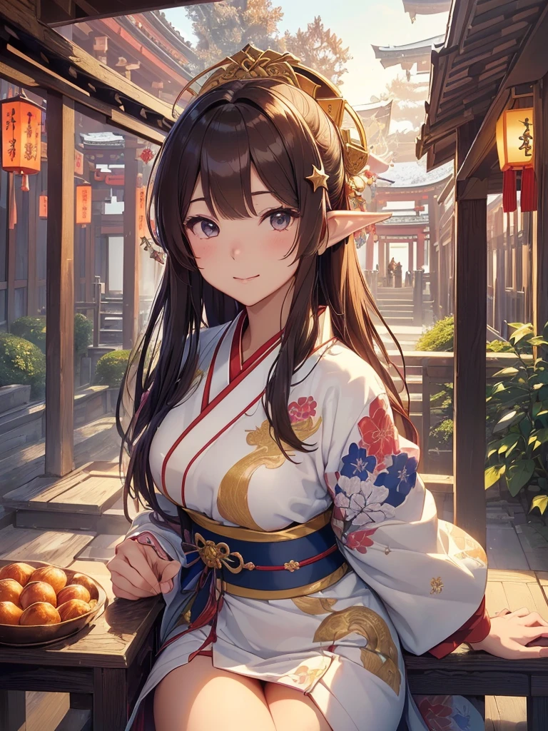 highest quality、Highest image quality、Dagashi Teru Piece、Super beautiful Japanese beauty((24-years-old、japanese kimono、japanese shrine maiden costume、vest bust、big bust、bust 90,beautiful blue long ironed hair、brown hair、、slender、Close-up、Esbian、Beautiful Japan hair、Mother-of-pearl hairpin、High quality、beautiful art、background((starry ski)))but、but、great work、visual art、Depth of bounds written、low angle night sky、、elf ears、、magic of light、space knight、harp melody🎵、A happy smile、gentle light、、Beautiful legs that are gentle on the skin、、、Number of fingers to achieve precise finger movements、ティッカーBeautiful decoration、elegant、mystical　　field under the flower garden、marble columns, beautiful dressy、Snowy landscape in winter、、temple of time、、Beautiful decoration,Japan Kimono 1.3,byzantine art、Renaissance painting、Raphael&#39;s painting、Japanese art、Dragon pattern、Dragon Decoration、Dragon Decoration、Linpai、Painting by Sotatsu Tawaraya、screen、gold foil、Shenlong、New Year、Happy New Year⛩、sunrise、morning moment、shrine、Miyajima、厳島shrine、海の初sunrise