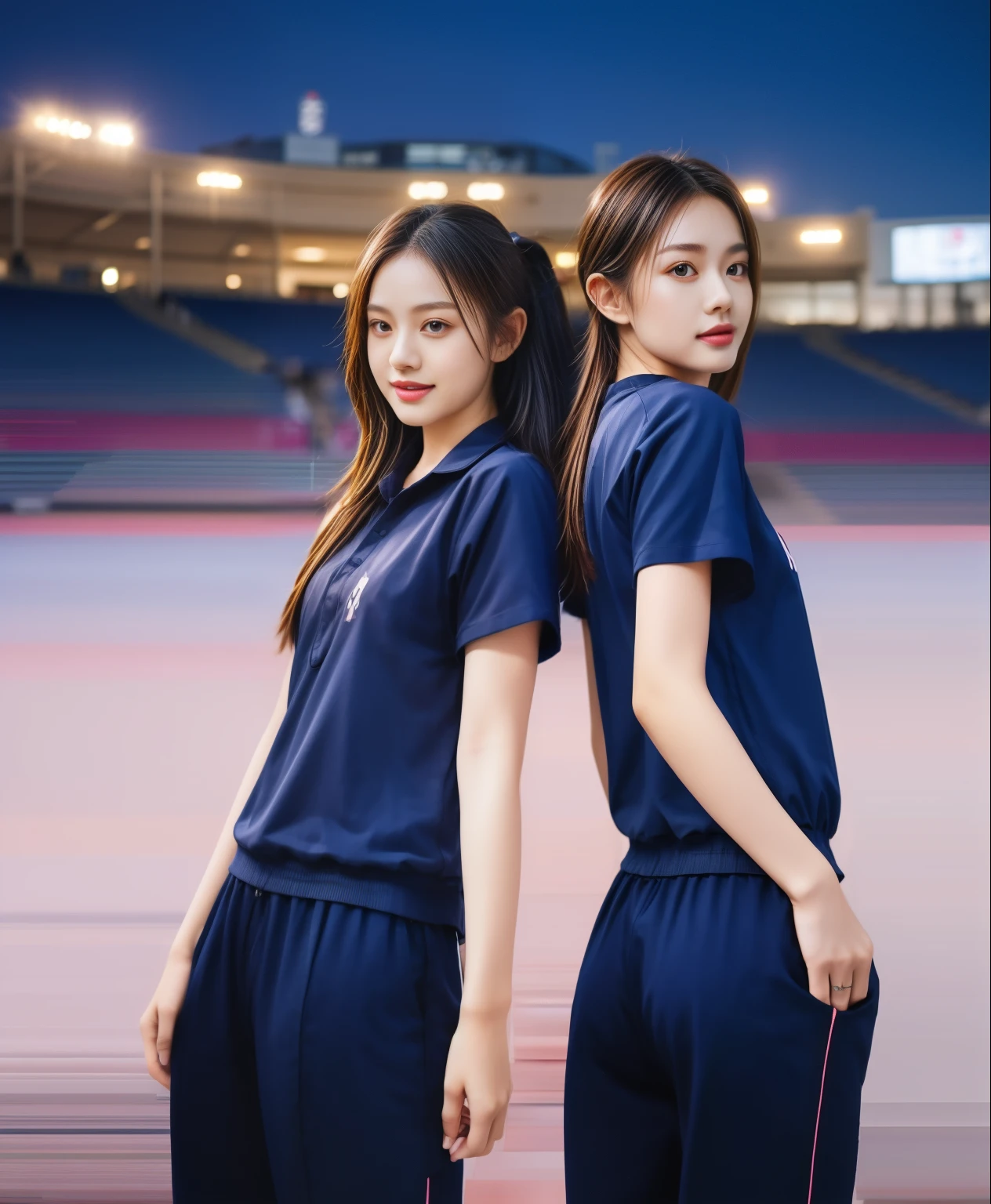 (best quality,10,10,height,Masterpiece:1.2),very detailed,(realistic,ภาพrealistic,Realistic photos:1.37),1 cute girl on the football field,shiny, ผิวshiny,only,smile softly,BDclothelue shirt:1.3)),short sleeve,shirt, กางเกงขาlong.,(navy_long_track pants:1.1), ((stadium background:1.3)),Dynamic angle,excited,Face focus,dynamic poses,from behind,Focus on the ass.,Masterpiece, best quality, ultra realistic, very detailedเกินไป, 8k resolution, raw photos, Sharp focus, ((Navy blue shirt:1.1)), short sleeve, เส้นทางlong, perfect body, 2 mature women, 18 years old, Cinema-grade lighting system,Blue sweatpants,exercise clothes,correct anatomy,perfect body, correct body, Sharp face, correct bodyทางกายวิภาค, full body, realistic gestures, long-haired, realistic , Blue sweatpants, กางเกงวอร์มขาlong