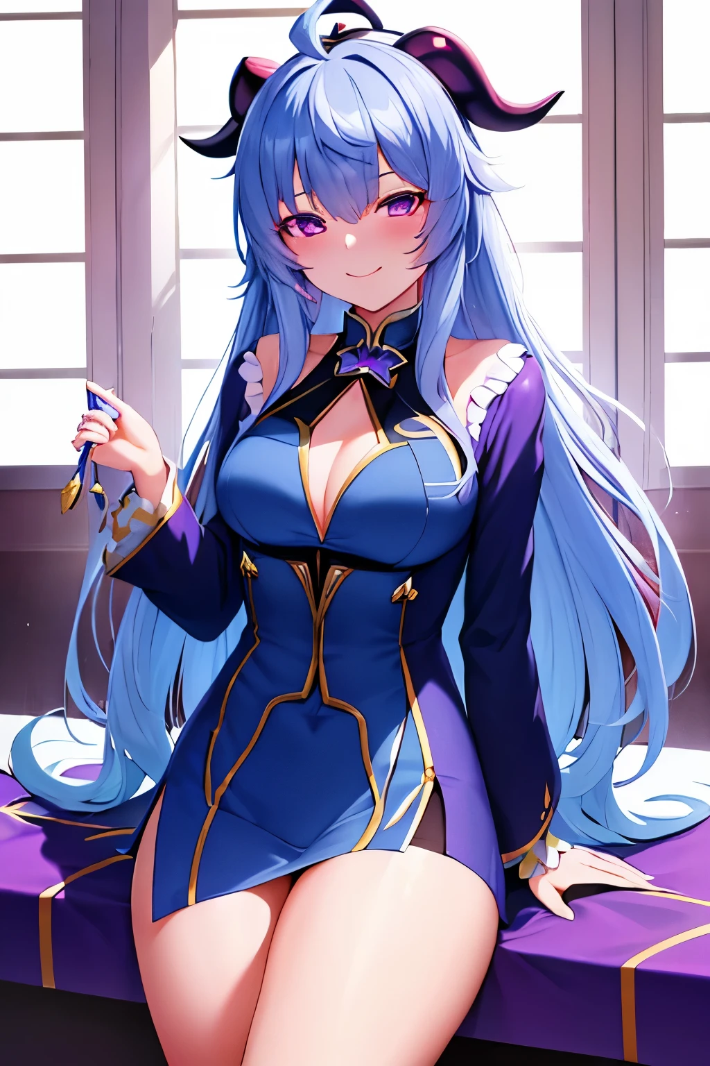 by MDA Starou, best quality, ganyu \(genshin impact\), 1girl, solo, light blue hair, ahoge, long hair, medium breasts, sidelocks, horns, purple eyes, pink eyes, looking at viewer, alternate costume, casual, smile, 