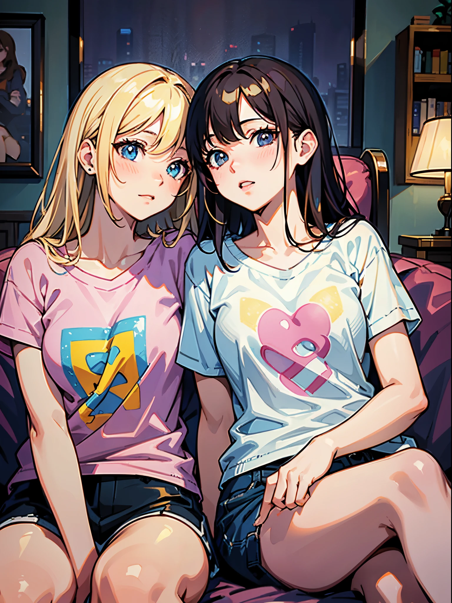 masutepiece, super quality, super detailed, perfect drawing, brunette girl and blonde girl, illustration, high resolution, two beautiful girls sitting on the sofa and looking at each other, pink t-shirts, backlight, living room, beautiful background , precise drawing, detailed drawing
