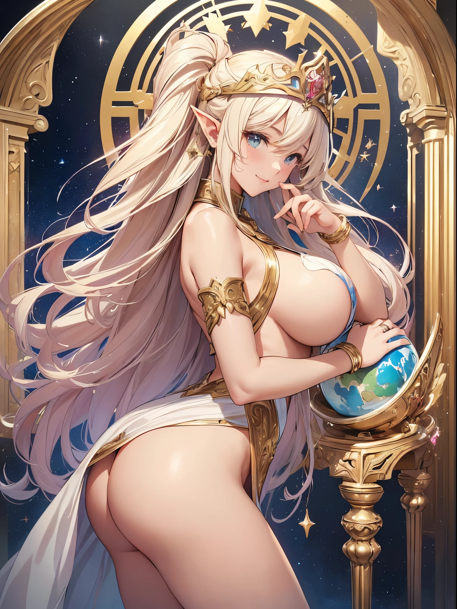 highest quality、Highest image quality、masterpiece、back viewの超美形エルフ美女((22 years old OL big bust、bust 90,beautiful long ironed hair、blonde、globe、、slender、Close-up、Esbian、beautiful tiara、High quality、beautiful art、background((starry ski)))muste piece、visual art、Depth of bounds written、low angle of morning sky、、elf ears、、magic of light、space knight、harp melody🎵、A happy smile、gentle light、、Beautiful legs that are gentle on the skin、、、Number of fingers to achieve precise finger movements、ticker beautiful decorative、elegant、mystical　rosa、　heaven、marble columns, beautiful dressy、magnificent marble dome、giant galaxy、religious painting、embrace the earth、temple of time、great watch、hourglass、sundial、moment of creation！myth、alphonse mucha art、art nouveau、byzantine art、folding screen picture、gold foil、Raphael&#39;s paintings、renaissance art、back view、beautiful butt、full nude、nsfw、