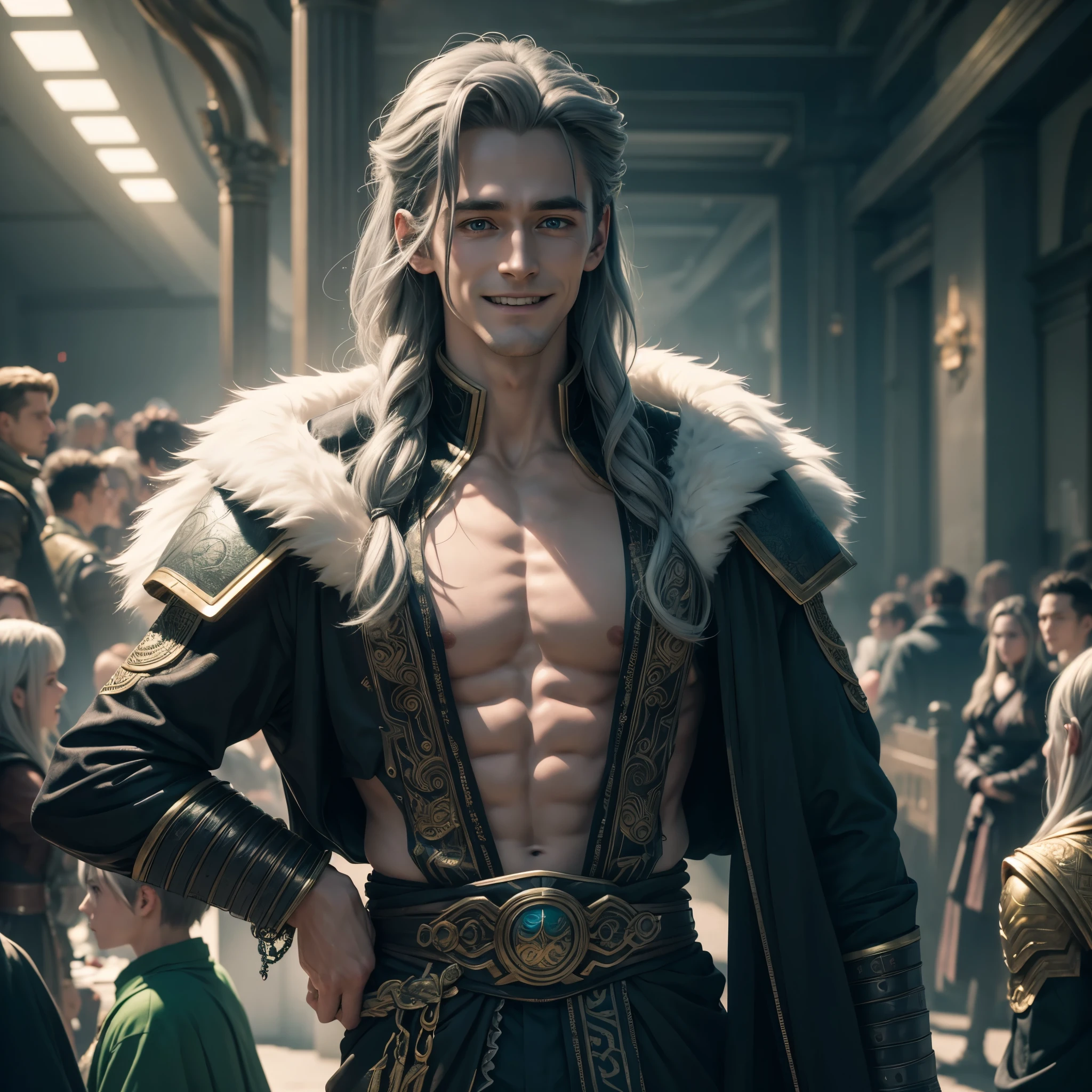 (best quality,4k,8k,highres,masterpiece:1.2),ultra-detailed, 1man, Norse god Loki, 7' Tall, very thin, very pale skin, ash grey hair, long gaunt face, gleeful eyes, laughing gleefully, dressed in furs, surrounded by people that don't notice his presence, drawn in the style of Yoshitaka Amano, HDR, 8k, absurdres, cinestill 800, sharp focus