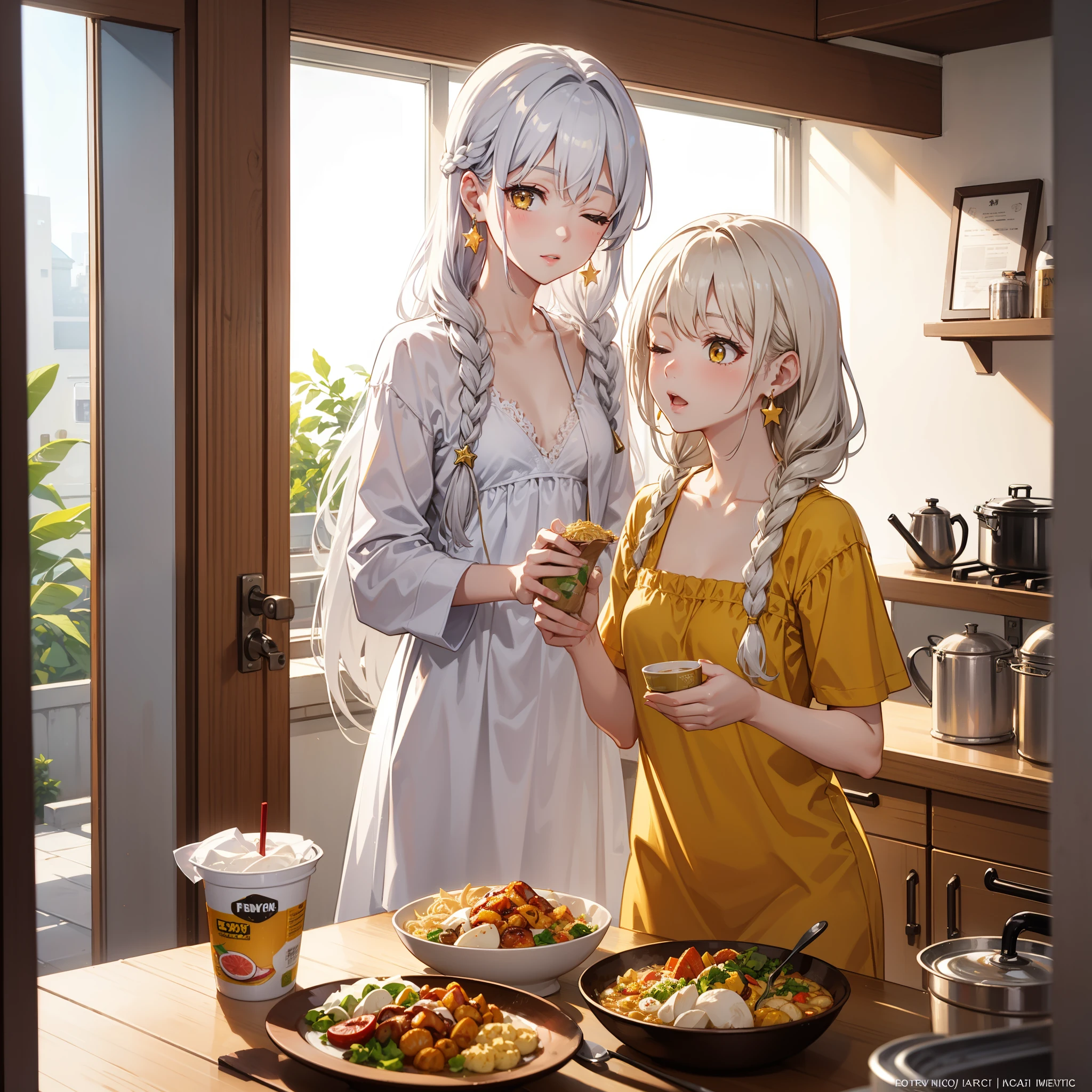 4k, HD, Good detail, Single Girl, perfect face, sunny day, dramatic sun light opening indomie packet in the kitchen, eyes closed, enjoying food, home outfit, long wavy hair, lace braided hairstyle, gold star earring, white hair, yellow eyes, small breast, bokeh background, cinematic, medium full shot