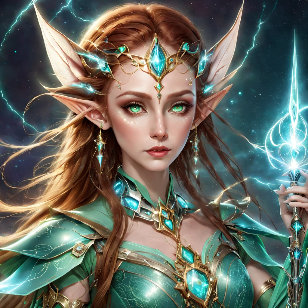 portrait of a female elf，Combining elements of the magical world and futuristic machinery，Emphasizing her charming and supreme beauty。She wears a futuristic technologically advanced mechanical costume，Hand-held mechanical gemstone wand，Cast lightning magic。Her features include pointed ears、Charming eyes and flowing hair，Enhances her mysterious appearance。Backgrounds blend fantasy settings with futuristic mechanical details，Create a unique atmosphere。Her expression  confident and powerful，Revealing the grace and power of mythical spiritocus on the elf and her spellcasting。