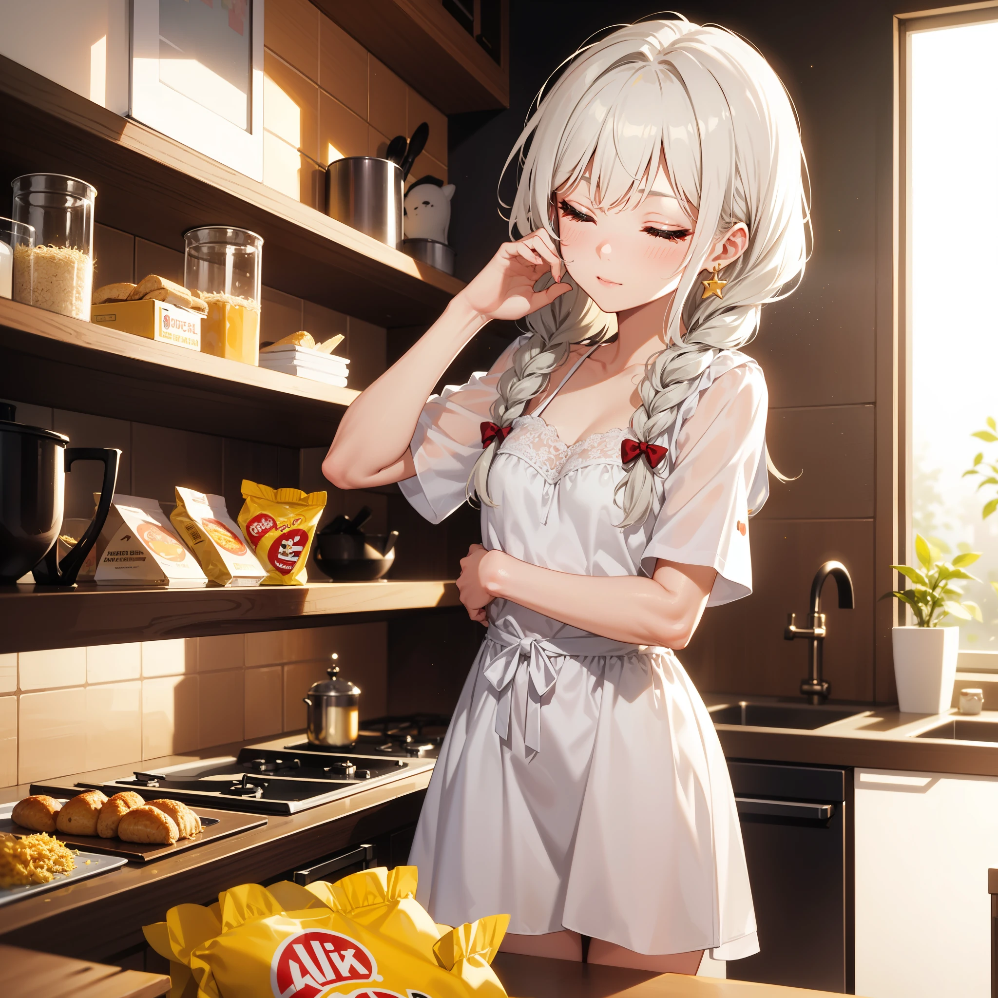 4k, HD, Good detail, Single Girl, perfect face, sunny day, dramatic sun light opening indomie packet in the kitchen, eyes closed, enjoying food, home outfit, long wavy hair, lace braided hairstyle, gold star earring, white hair, yellow eyes, small breast, bokeh background, cinematic, medium full shot