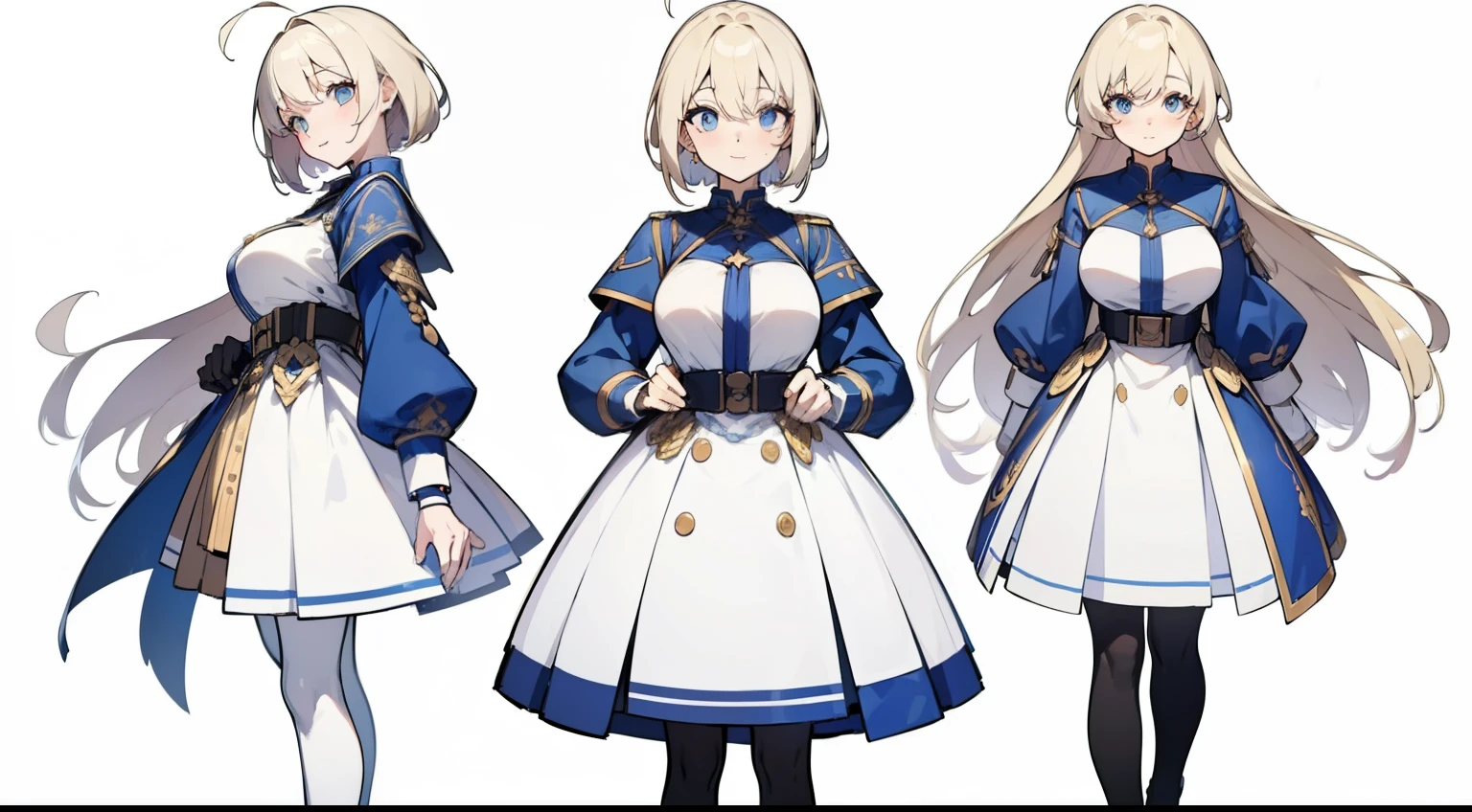 ((Masterpiece, highest quality)), detailed face, character sheet, Full body, 1girl, light blue eyes, long blonde thin hair, short hair, ahoge, ((long straight hair)), ((large breasts)), ( hair between eyes, tight military white dress, minkirt, many belts, cardigan, black thigh-highs, smile, yandere, gold and sapphire theme, pale skin, full of details, multiple poses and expressions, highly detailed, depth, many parts