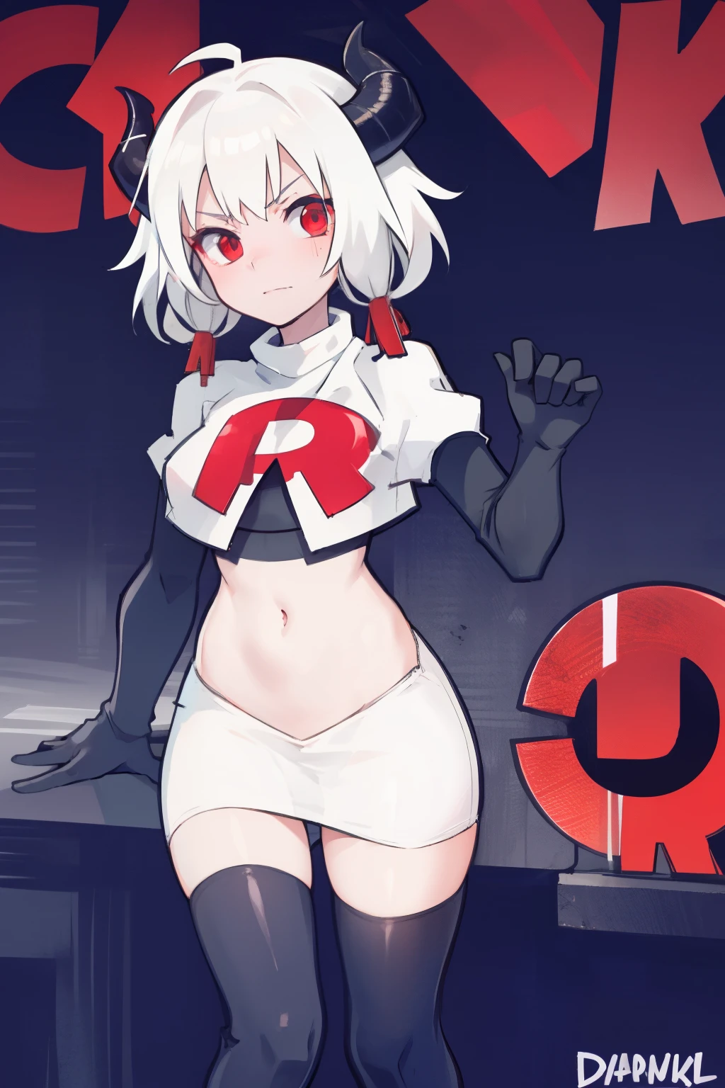 masterpiece, best quality, red eyes, white hair, twintails,ahoge,black hair ribbons,demon horns, demon tail,team rocket,team rocket uniform,white skirt,red letter R,crop top,black thigh-highs,black elbow gloves, comic strip